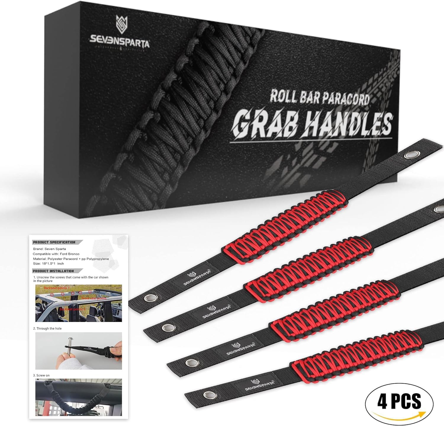 SEVEN SPARTA 4 Pack Roll Bar Grab Handles Compatible with Ford Bronco 2021-2026 2/4 Door, Paracord Grip Handle, Replacement for Bronco Interior Accessories (Not Compatible with Bronco Sport)