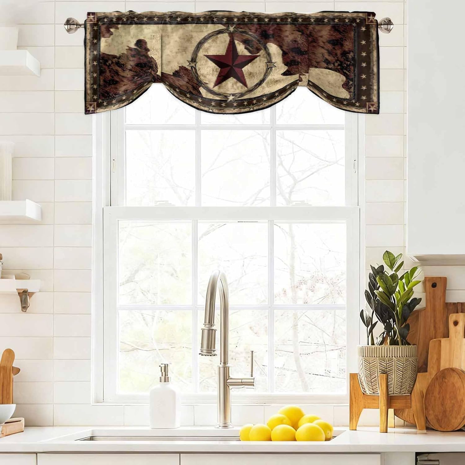 Western Texas Star Tie Up Valance Curtains for Windows, Kitchen Curtains Window Shades, Retro Rustic Brown Farmhouse Light Filtering Roman Curtain Valances for Bedroom/Bathroom/Cafe 42''x18''