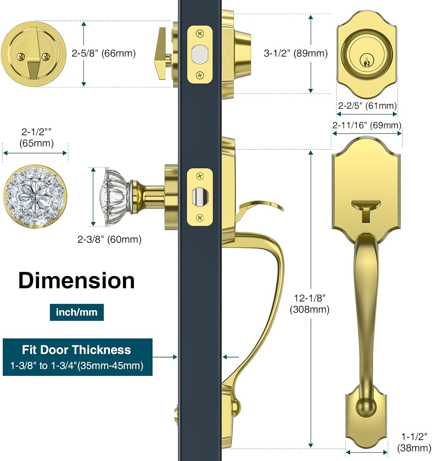 Satin Brass Front Door Handle and Deadbolt Set, Front Door Lock Set with Crystal Glass Door Knob, Exterior Door Lock Set with Single Cylinder, Reversible for Right & Left, Gold
