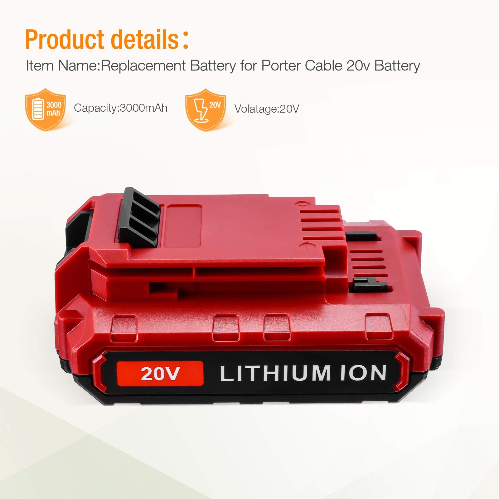 Porter Cable 3.0Ah PCC685L 20V Lithium Ion Battery With Charger for PCC685L PCC680L PCC682L PCC685LP PCC692L PCC681L Cordless Power Tools