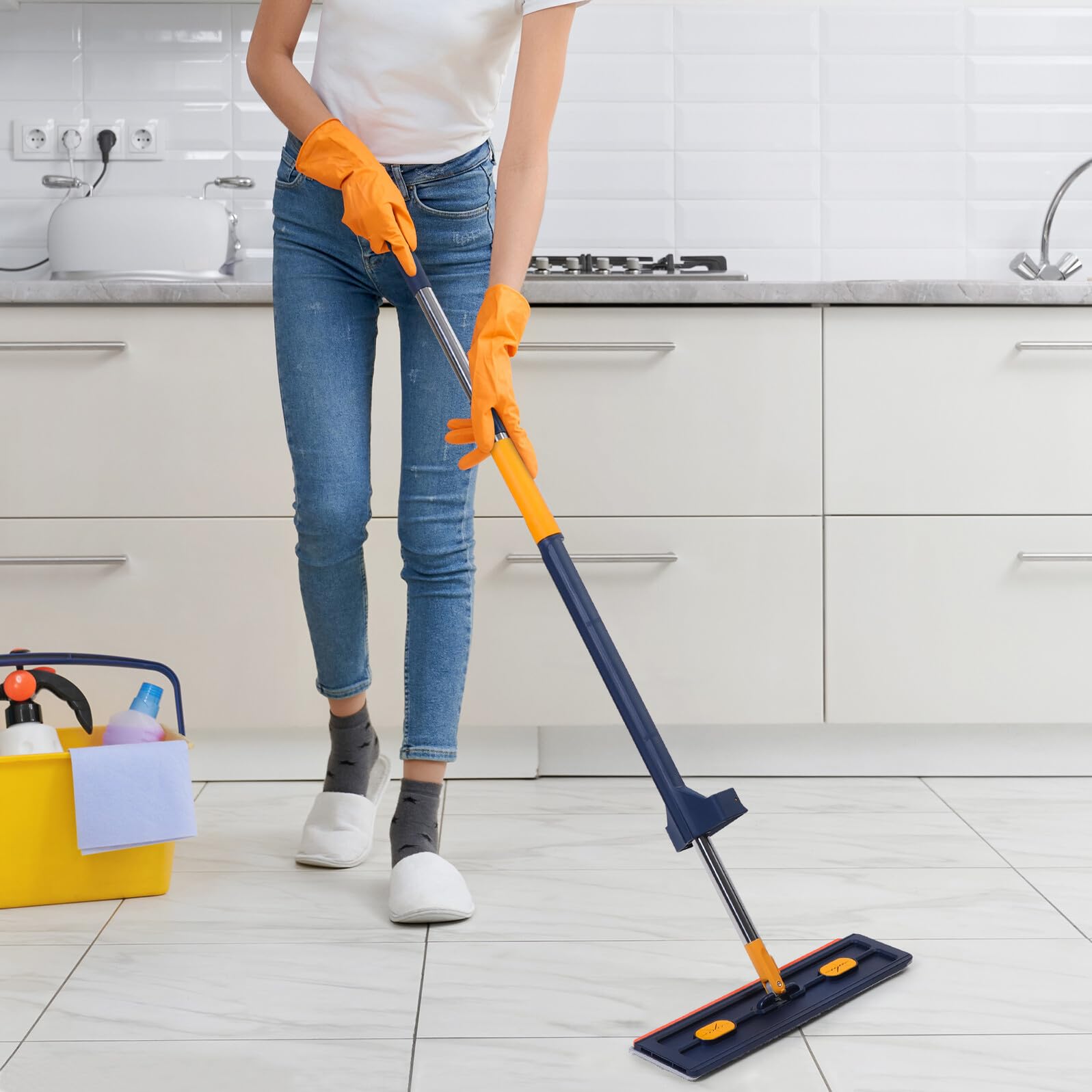 ibasenice Fregona Plana Grande sin Lavado 6 Paños Microfibra Azul, Trapeador de Empuje Rotación 360° para Limpieza Profunda del Hogar, Fregona para Pisos Multifuncional para Uso Doméstico