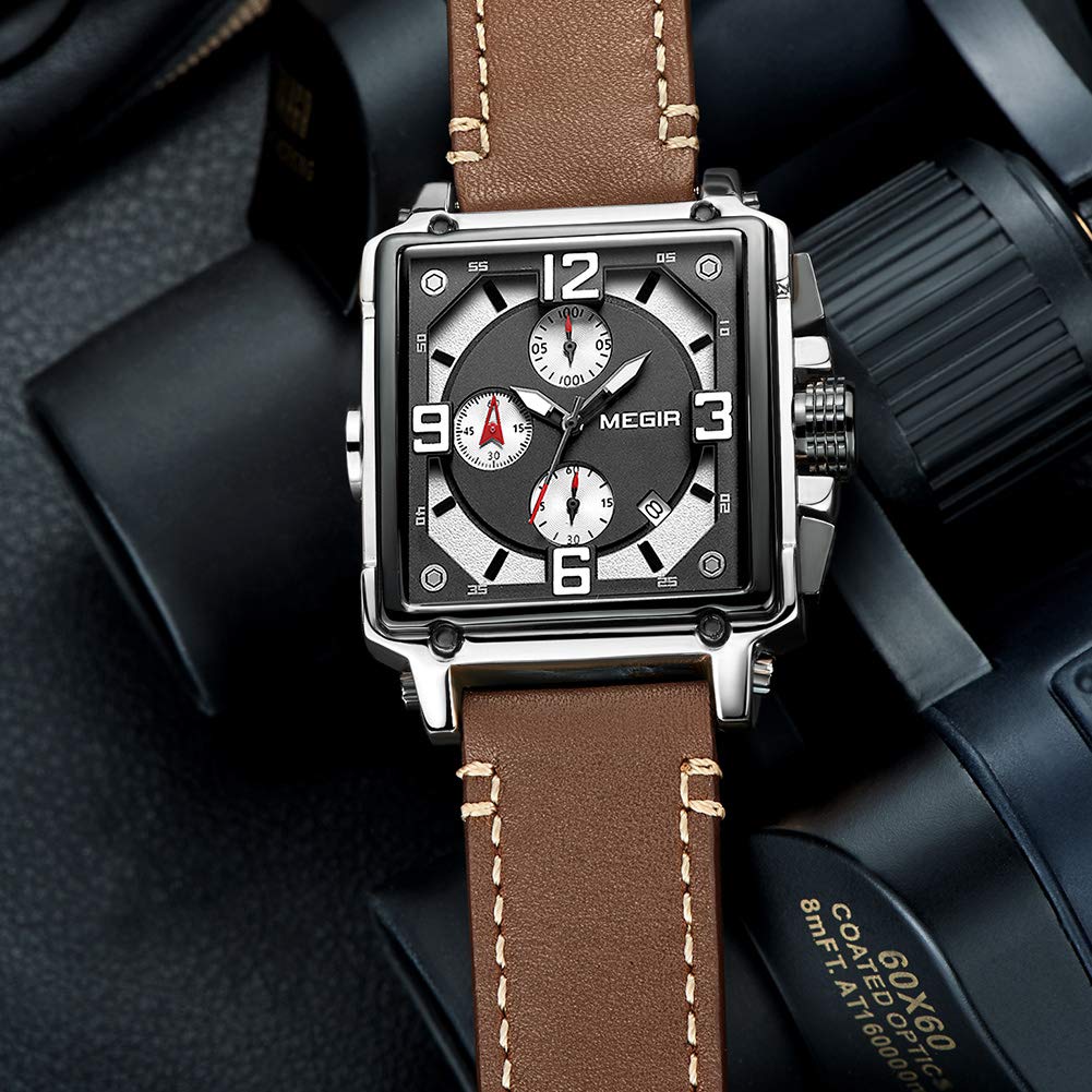 MEGIR ML2061G - Orologio da uomo analogico al quarzo, con cinturino in pelle alla moda, stile militare, cronografo, luminoso, per sport e lavoro