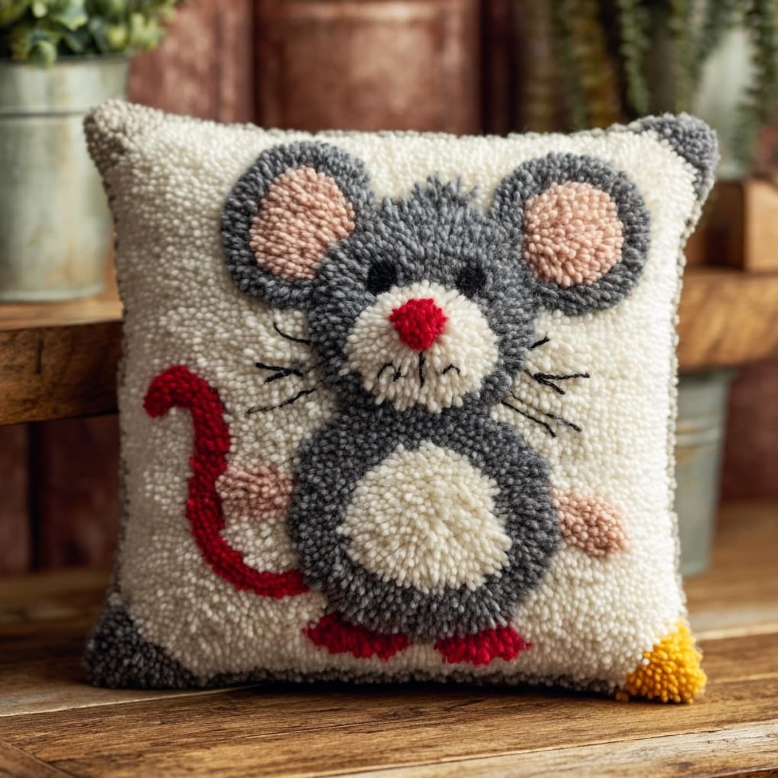 AxiangziK Latch Hook Pillow Craft Kit,Animals, mice 43x43cm/17x17Inch,Complete Starter Kit for Beginners & Craft Enthusiasts