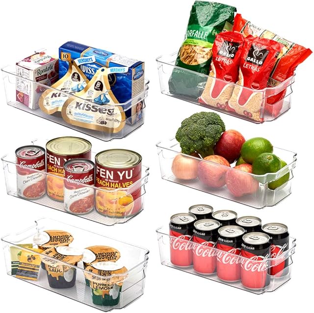 EZOWARE 6 Packs Kitchen Clear Storage Organiser, Stackable Containers Basket with Handles for Refrigerator, Freezer, Pantry, Shelves- (31.5 x 16 x 9 cm) Medium