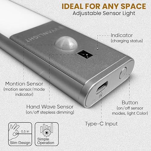 Miniatura 2 de VYANLIGHT Luces de cocina para debajo del gabinete, tiras de luz LED inalámbricas con sensor de movimiento para despensa, armario, baño, iluminación