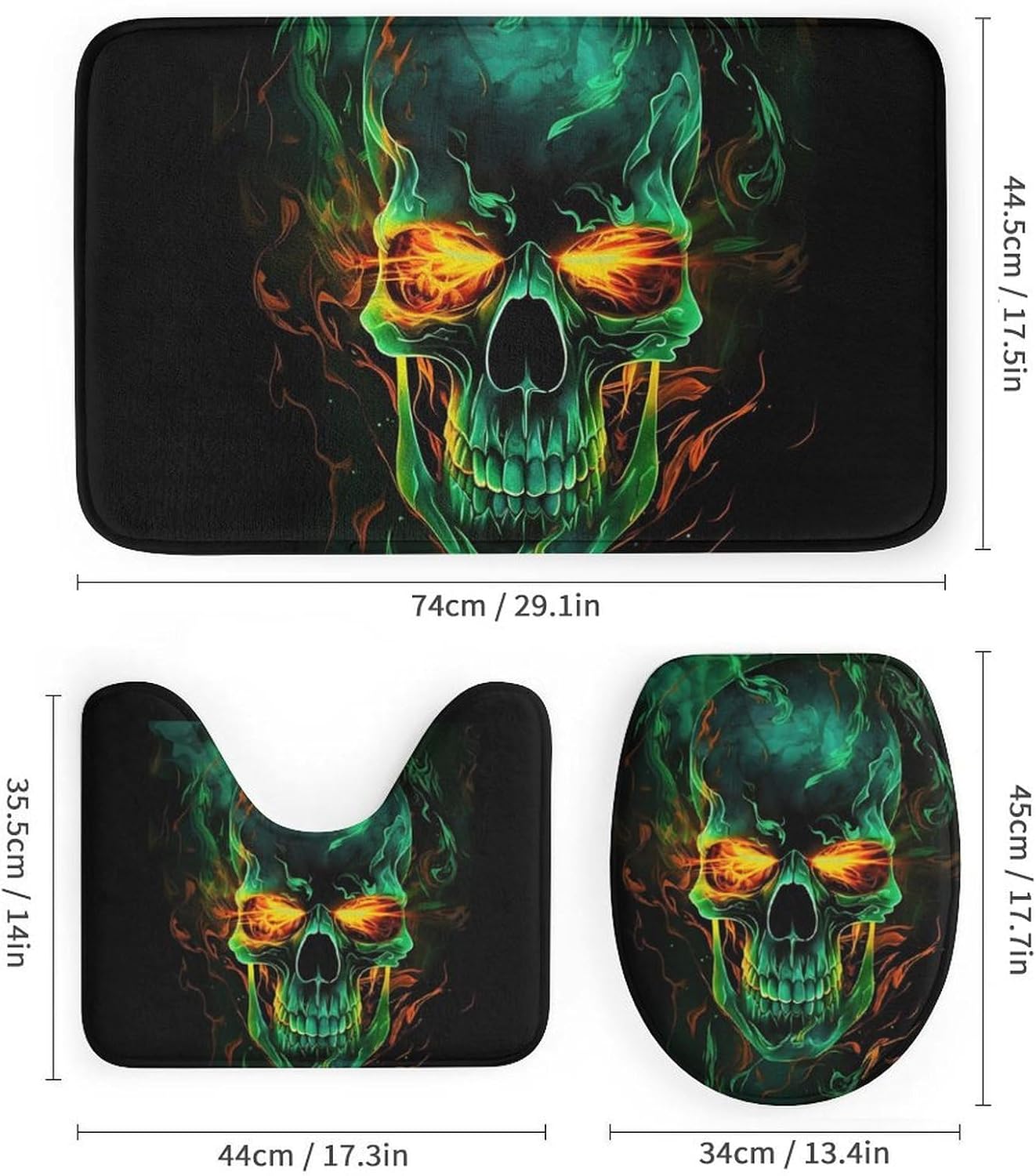 4 Pcs Bathroom Shower Curtain Set,Bathroom Sets with Rugs (Bath Mat,U Shape and Toilet Lid Cover Mat), Flame Skull Bathroom Decor Set
