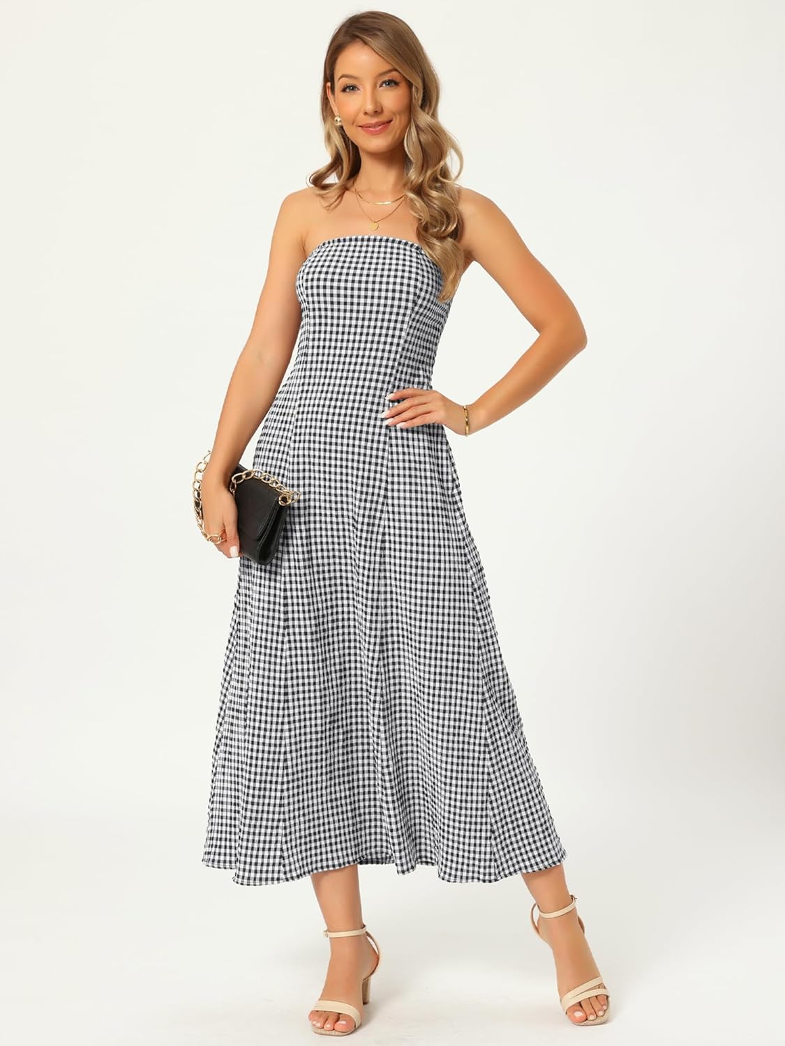 Seta T Women's Gingham Strapless Maxi Dress Summer Vacation Beach Casual Flowy Sundress with Pockets - Image 3