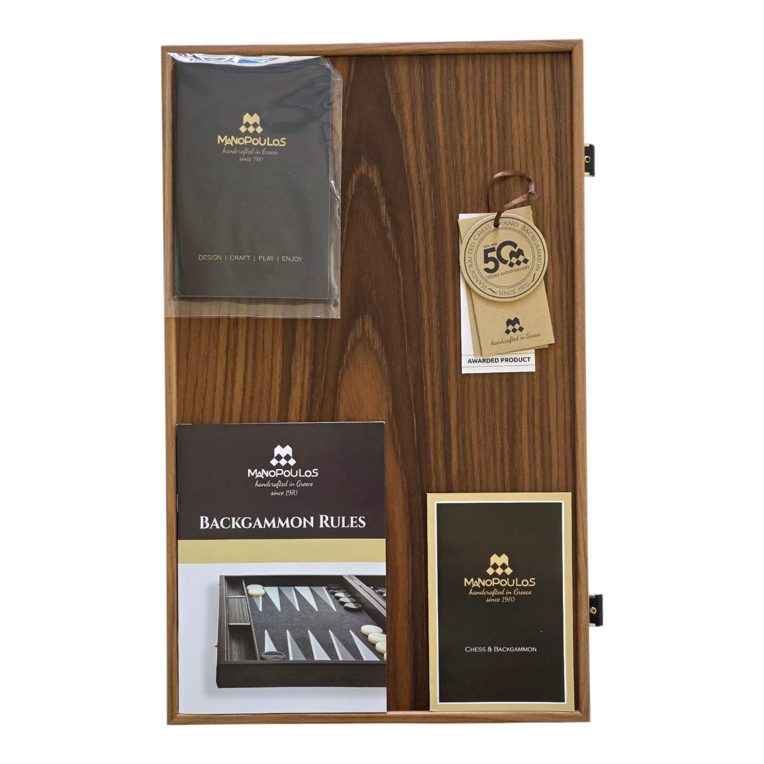 Set da backgammon in noce americano realizzato a mano con ripiani laterali, elegante design intarsiato
