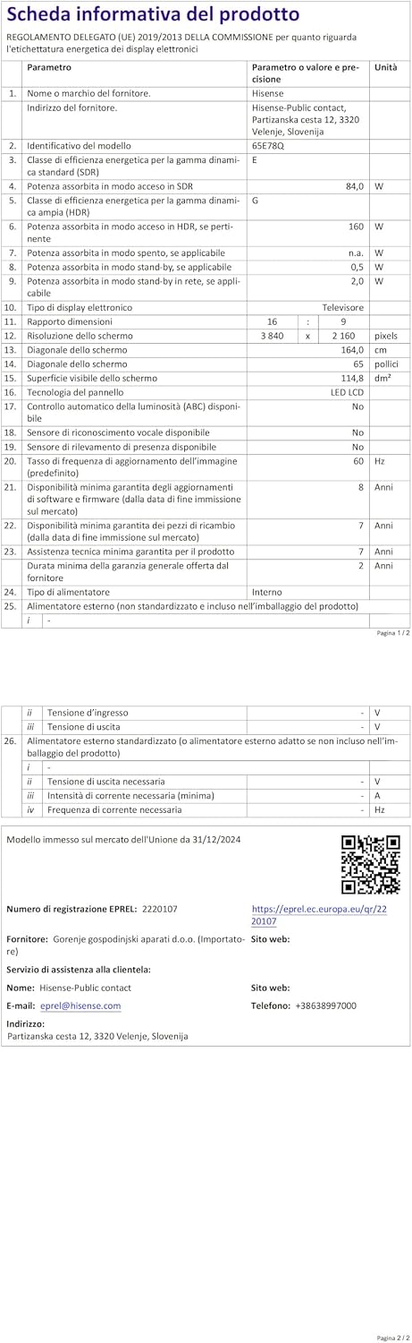 Product information sheet for the Hisense 65E78Q TV, detailing technical parameters, energy consumption, and manufacturer information, including a QR code for EPREL.