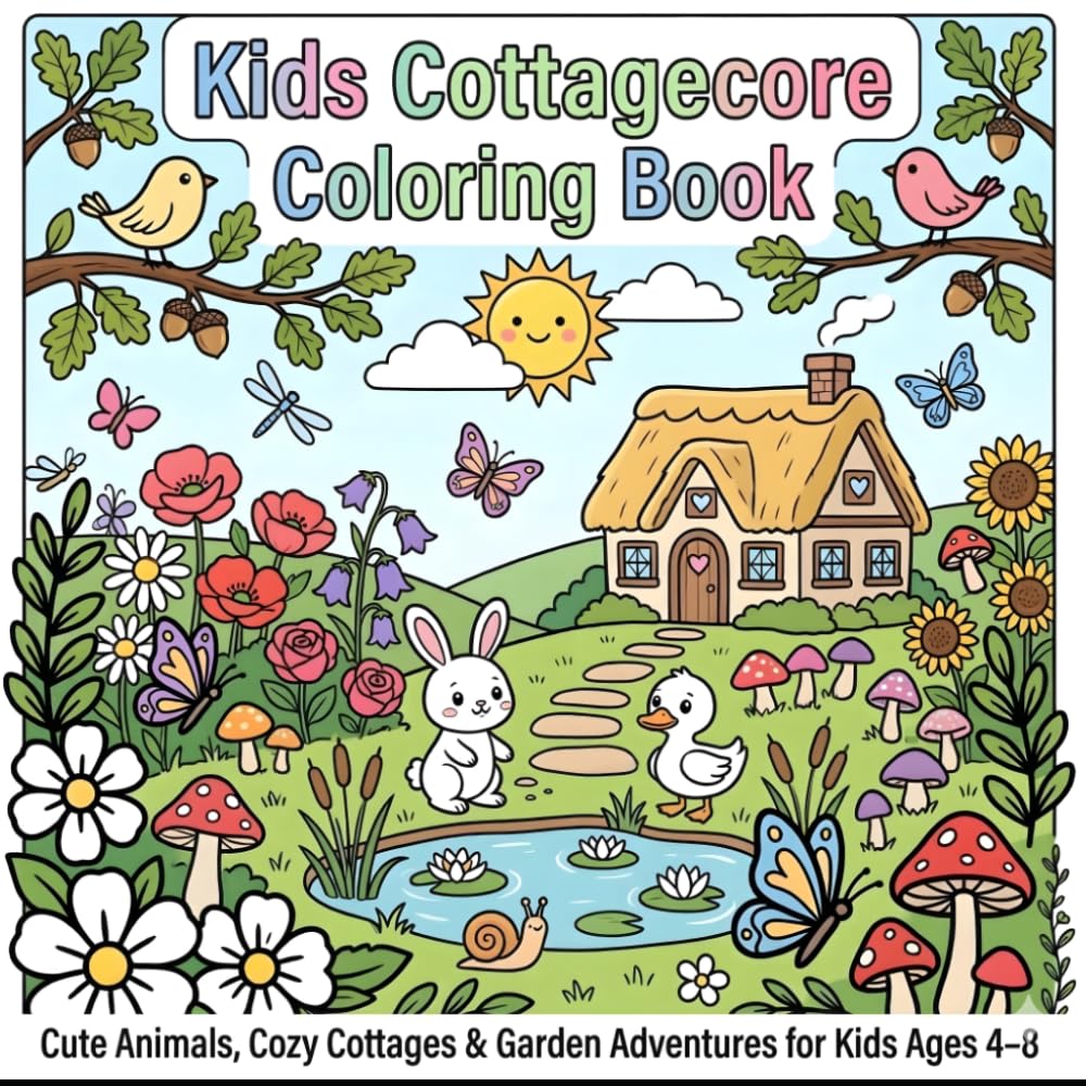Kids Cottagecore Coloring Book: Cute Animals, Cozy Cottages, Flowers and Garden Adventures for Kids Ages 4–8