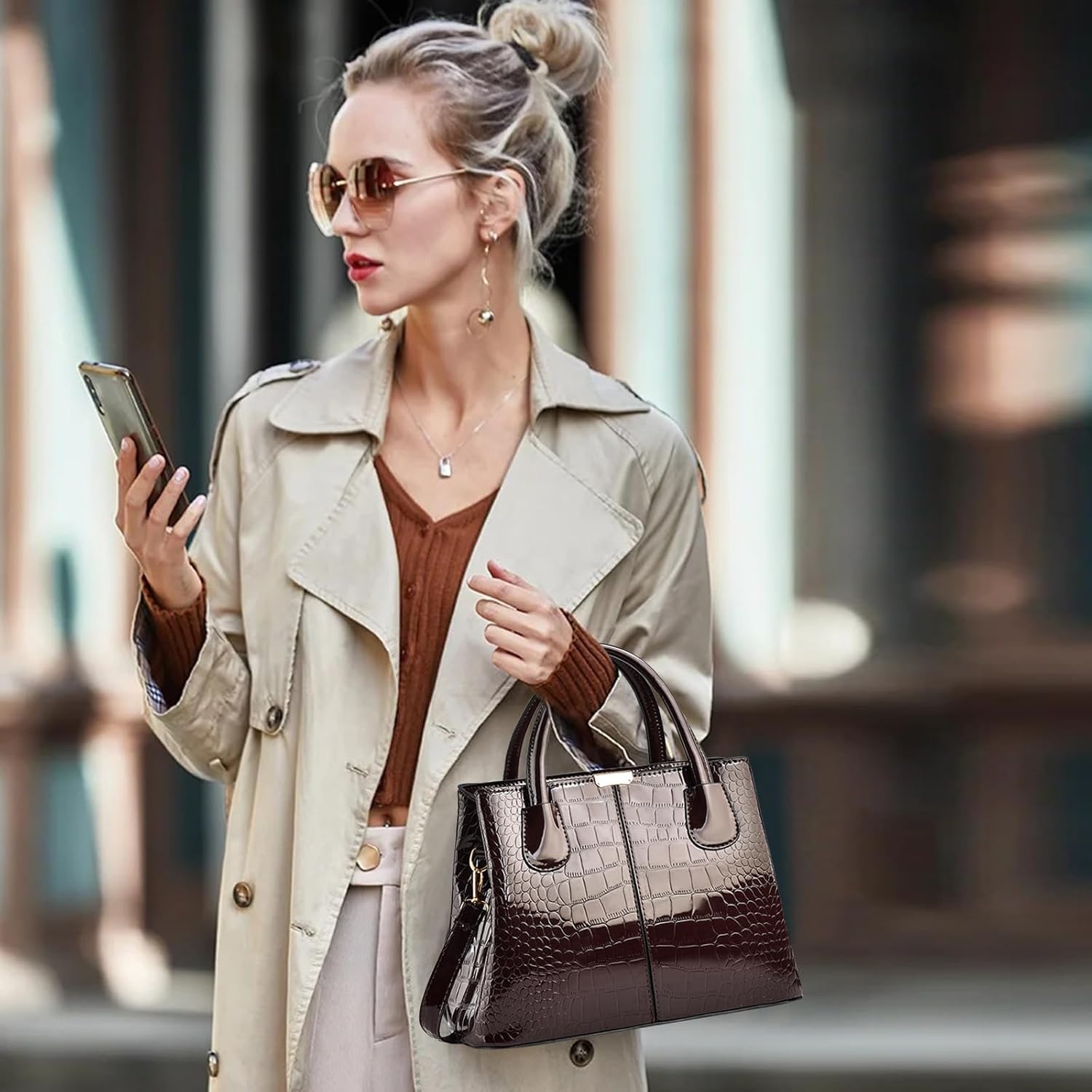 NICOLE & DORIS Women Handbags 2 Pcs Top Handle Bag Crocodile Handbag and Purse Set Patent Leather Shoulder Bag