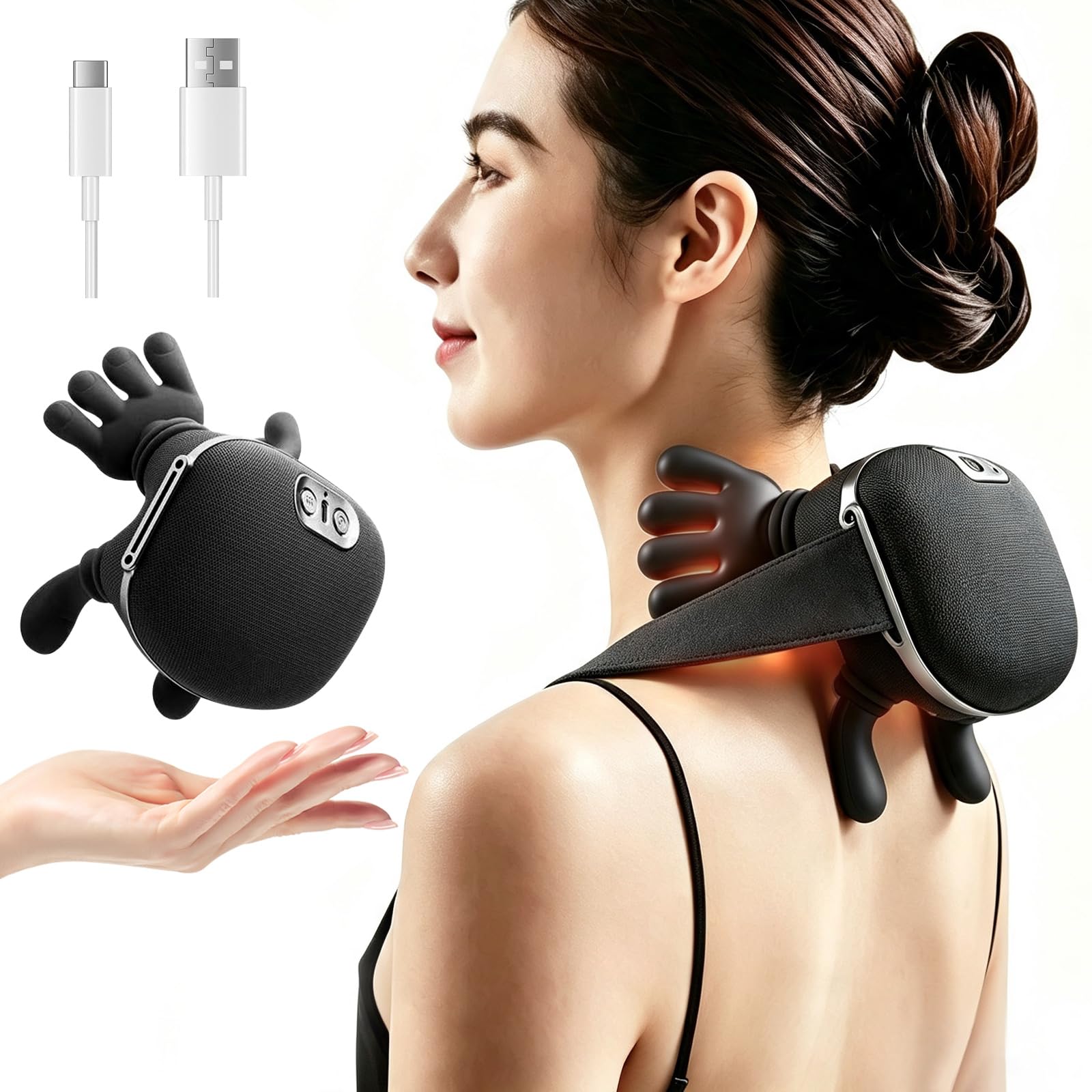 Masajeador de Cuello con Función de Calor, 3D Kneading Massager, 3 Niveles de Intensidad Ajustables, Masajeador Electrico para Alivio Profundo de Cuello, Espalda y Hombros