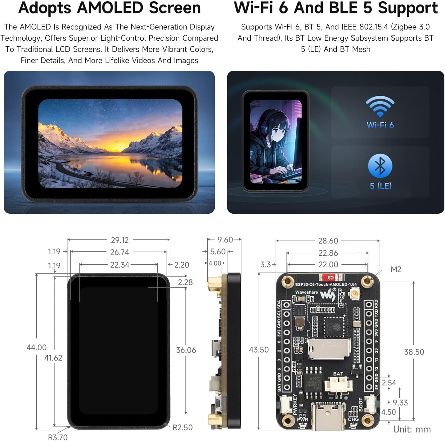 ESP32-C6 1.64inch AMOLED Touch Display Development Board, 280 × 456 Resolution, 16.7M Color, QSPI Interface, Supports Wi-Fi 6 and BLE 5 @XYGStudy (ESP32-C6-Touch-AMOLED-1.64)