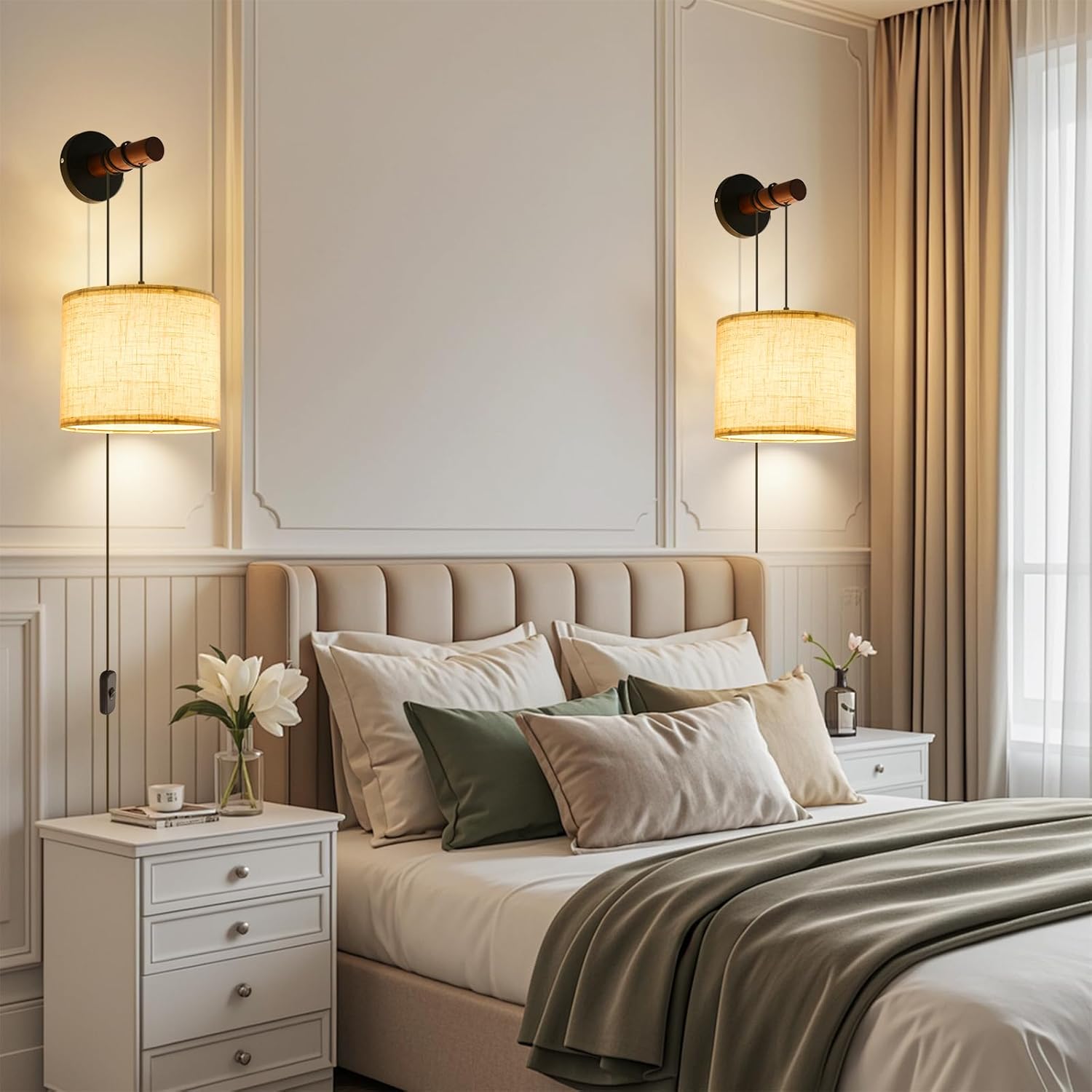 Wall Sconces Set of Two, Plug in Wall Sconces, Fabric Shade Wall Lights with 3 Color Temperature,Farmhouse Wall Lamps for Bedroom Living Room Hallway(2 Pack)