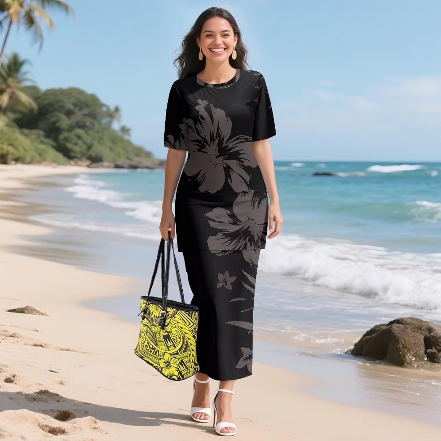 Polynesian Dress for Women Plus Size Luau Puletasi Tribal Samoan Traditional Short Sleeve Crop Top and Maxi Skirt Sets Island Vacation Outfit for Wedding Guests