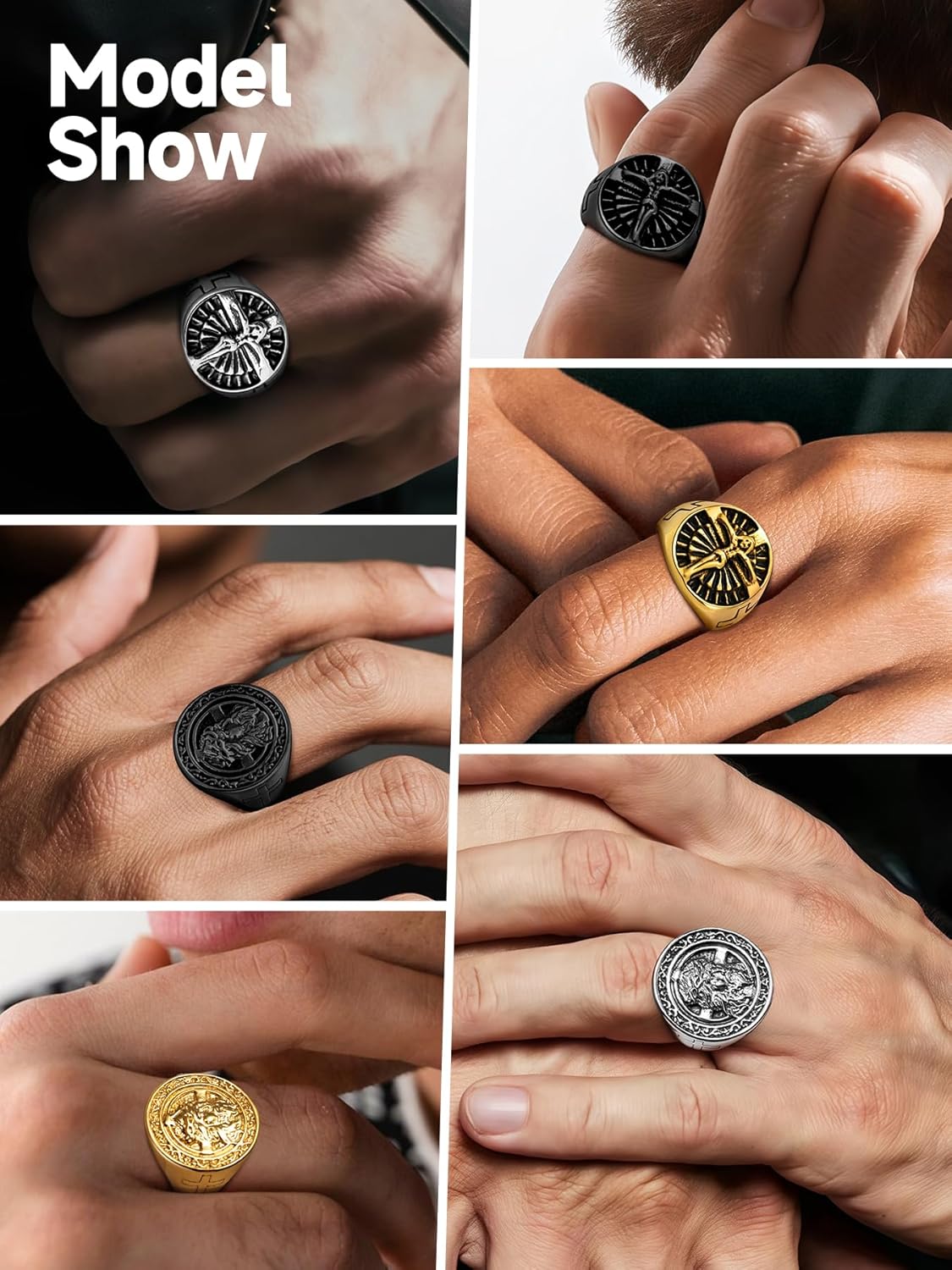 Christian Cross Rings for Men - Stainless Steel Jesus Jewelry with Celtic Knot Sides (Gold/Black/Silver) - Catholic Religious Gift, Size 7-13