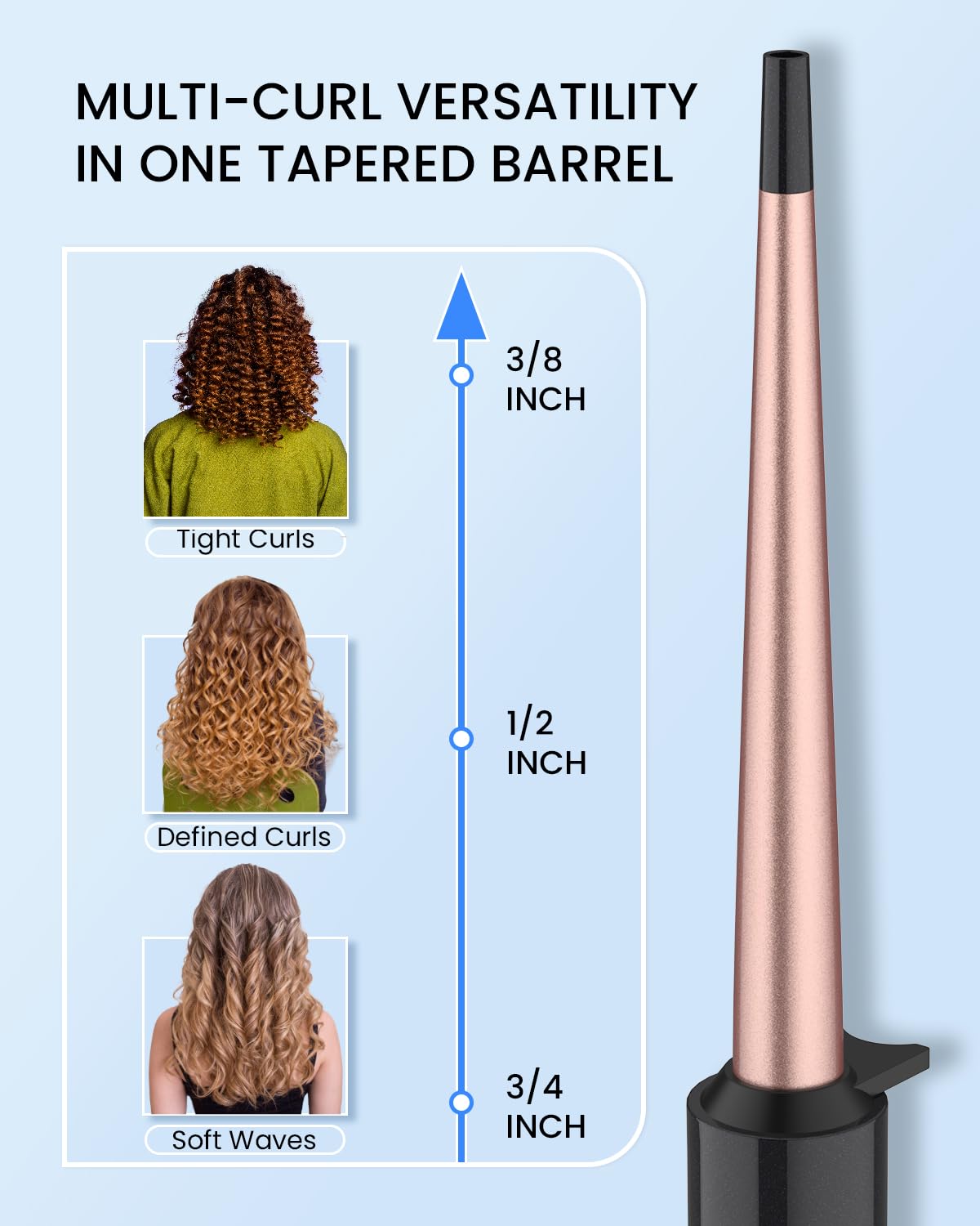 Ferro arricciacapelli conico in ceramica, 9-19 mm, piccolo ferro arricciacapelli per capelli lunghi, infuso con olio di argan per ricci lucenti, guanto a doppia tensione e resistente al calore (110
