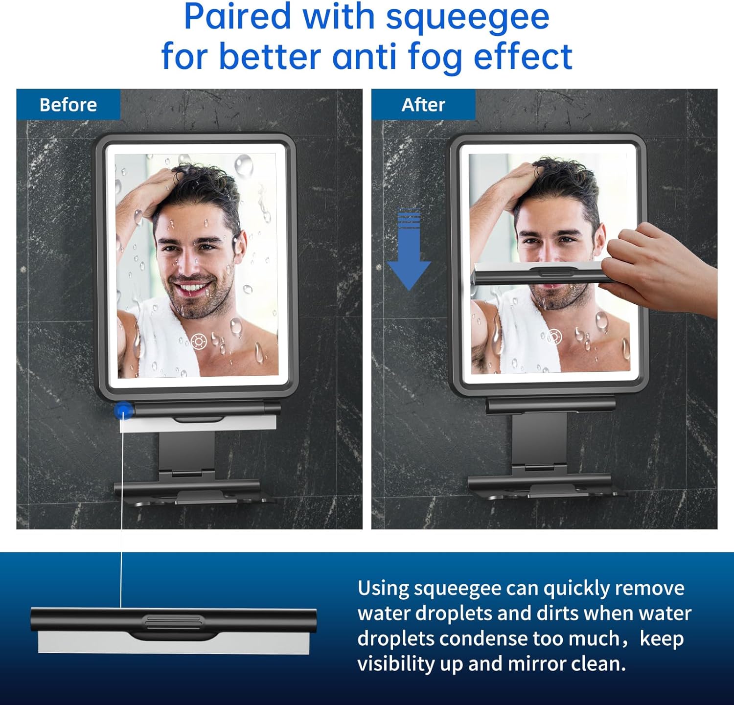 COSMIRROR Shower Mirror, 6.2 W x 8 H, Fogless for Shaving with Squeegee to Keep Clean or Remove Foggy Mess, Two Mounting Solution, Dimmable Lighting (3 Color Setting)