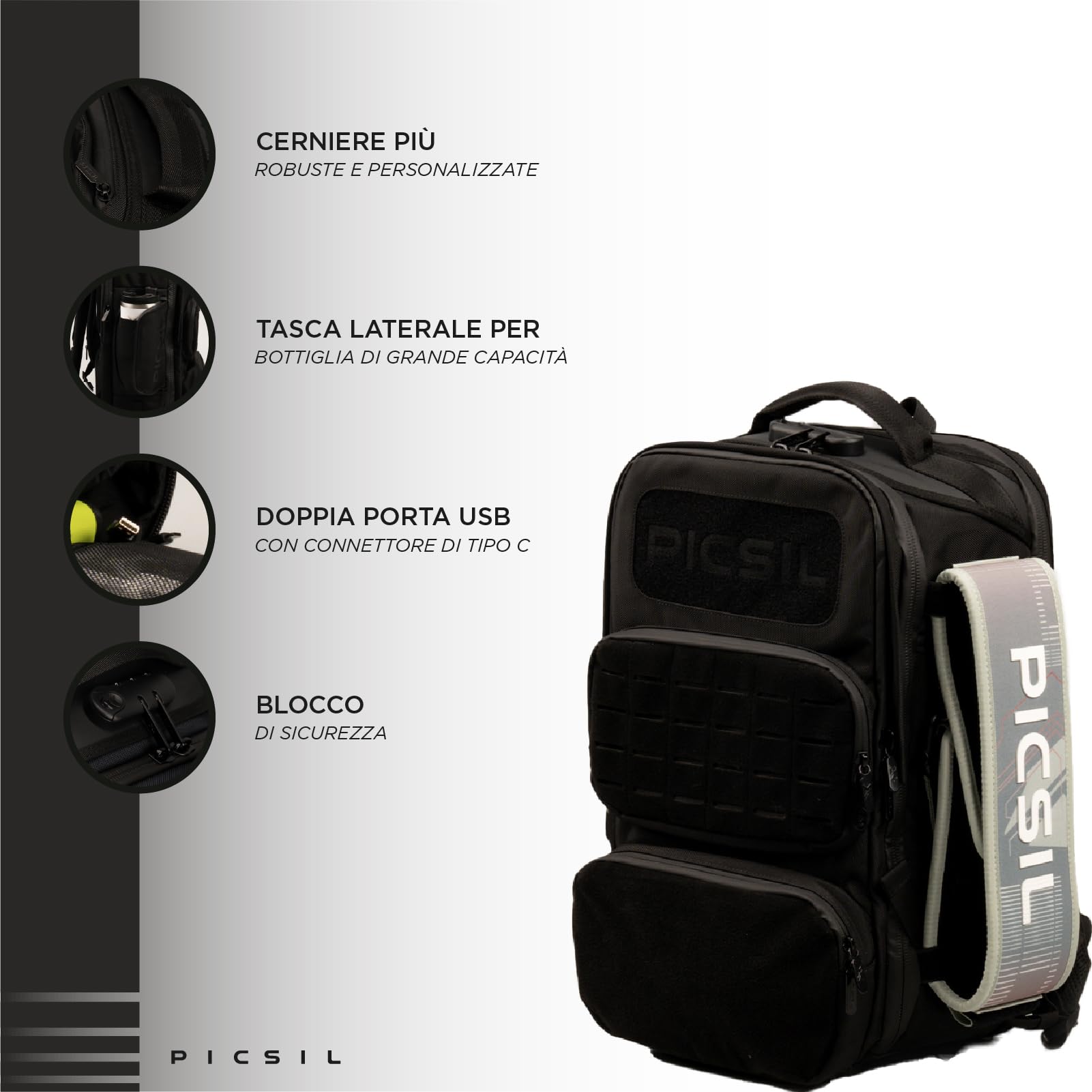 PICSIL Maverick 2. Zaino Tattico 4L Impermeabile con Porta PC - Moonless | Zaino palestra e viaggio con scomparto laptop, porta USB-C, tasche organizer, cerniere rinforzate e spallacci imbottiti.