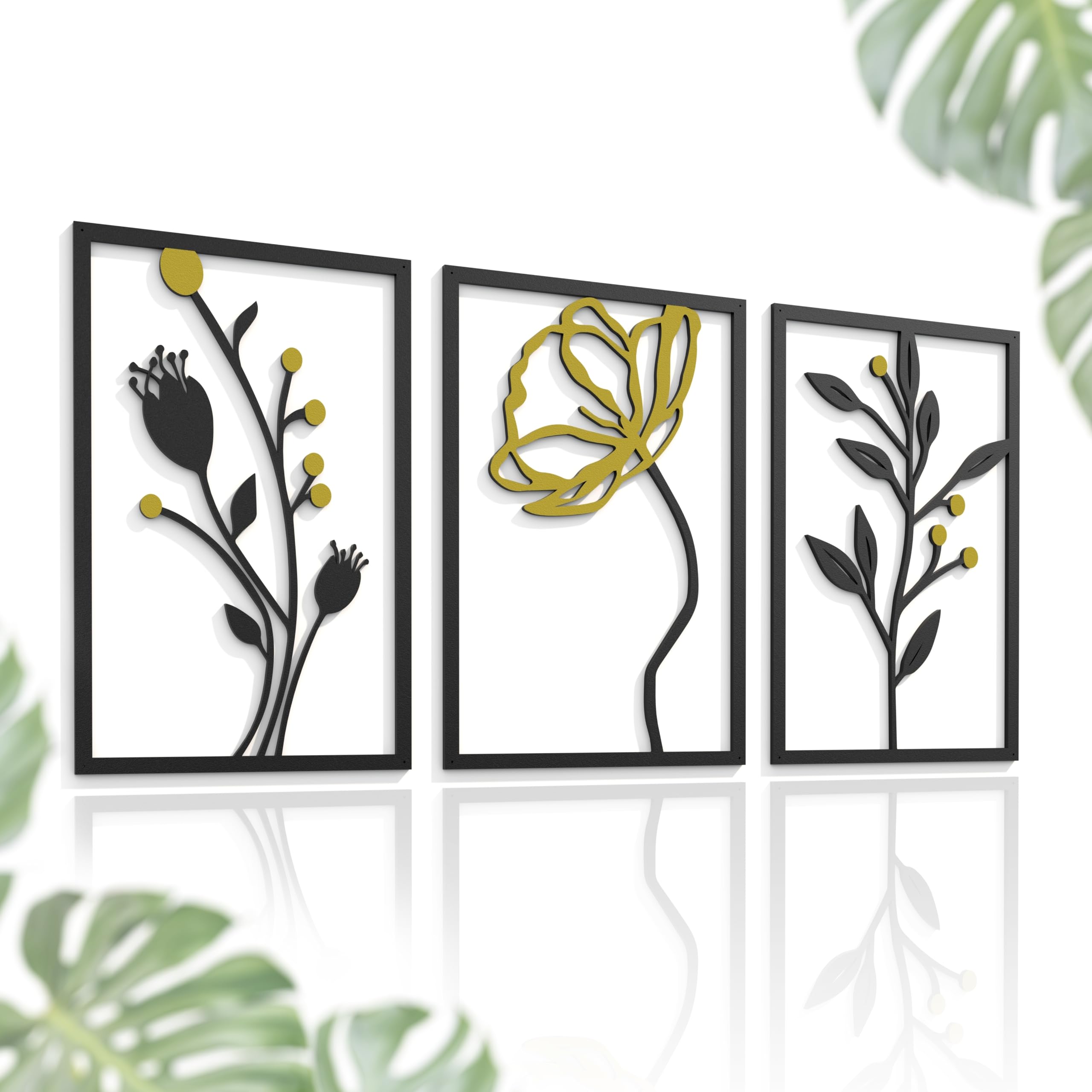 Outentin 3D Holz Wandbild Set – Moderne Wanddeko aus Holz 5mm – Wandkunst & Wandskulptur für Wohnzimmer, Schlafzimmer & Büro – Abstrakte, Boho & Zeitlose Holzdeko (43x85,5 cm, Goldene Blumen)