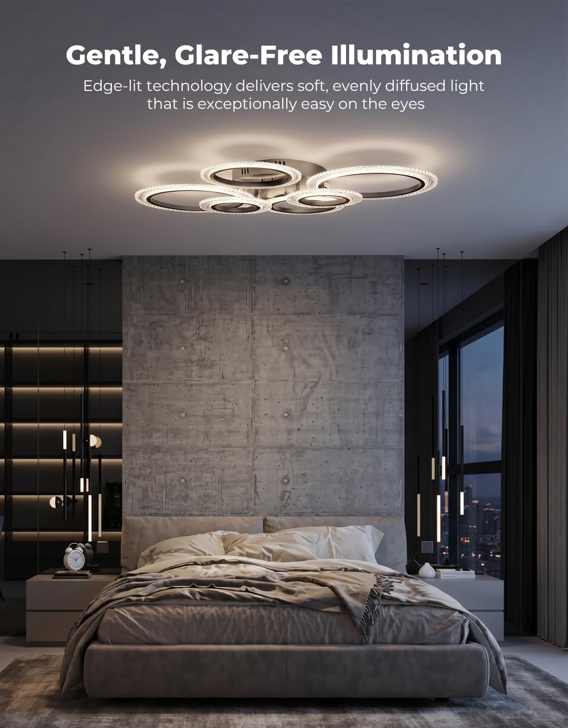 Lampadario Soggiorno Smart a 6 Anelli, Plafoniera Soffitto LED Compatibile con Alexa e Google Home, Luce a Soffitto Dimmerabile App/Tuya (40W, 4000LM), Funzione Memoria e Timer, Nero