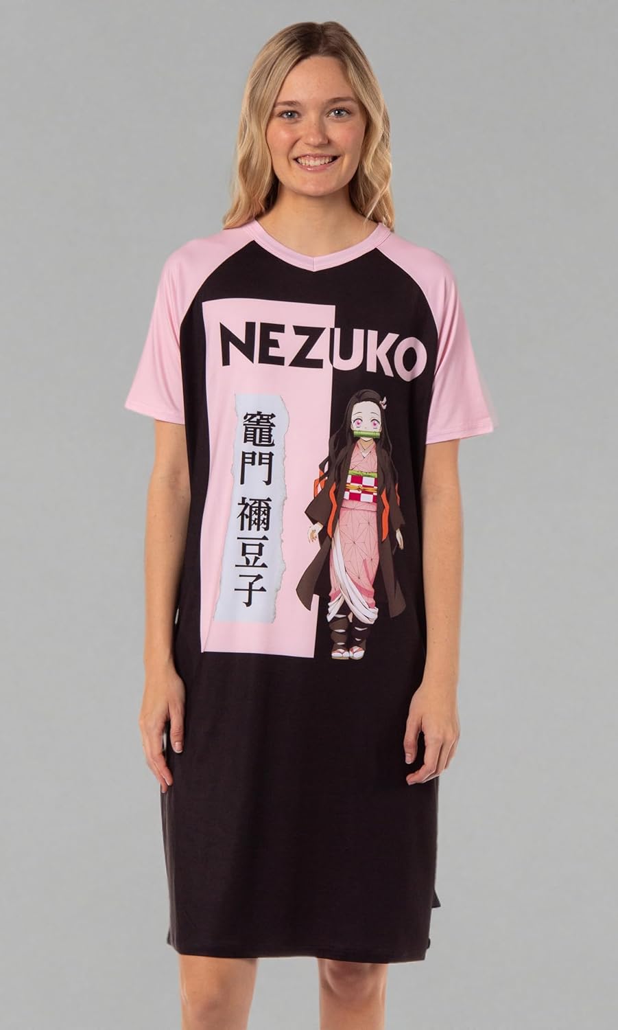 Bioworld Demon Slayer Women's Nezuko Kamado Anime Character Pajama Sleep Shirt Raglan Nightgown