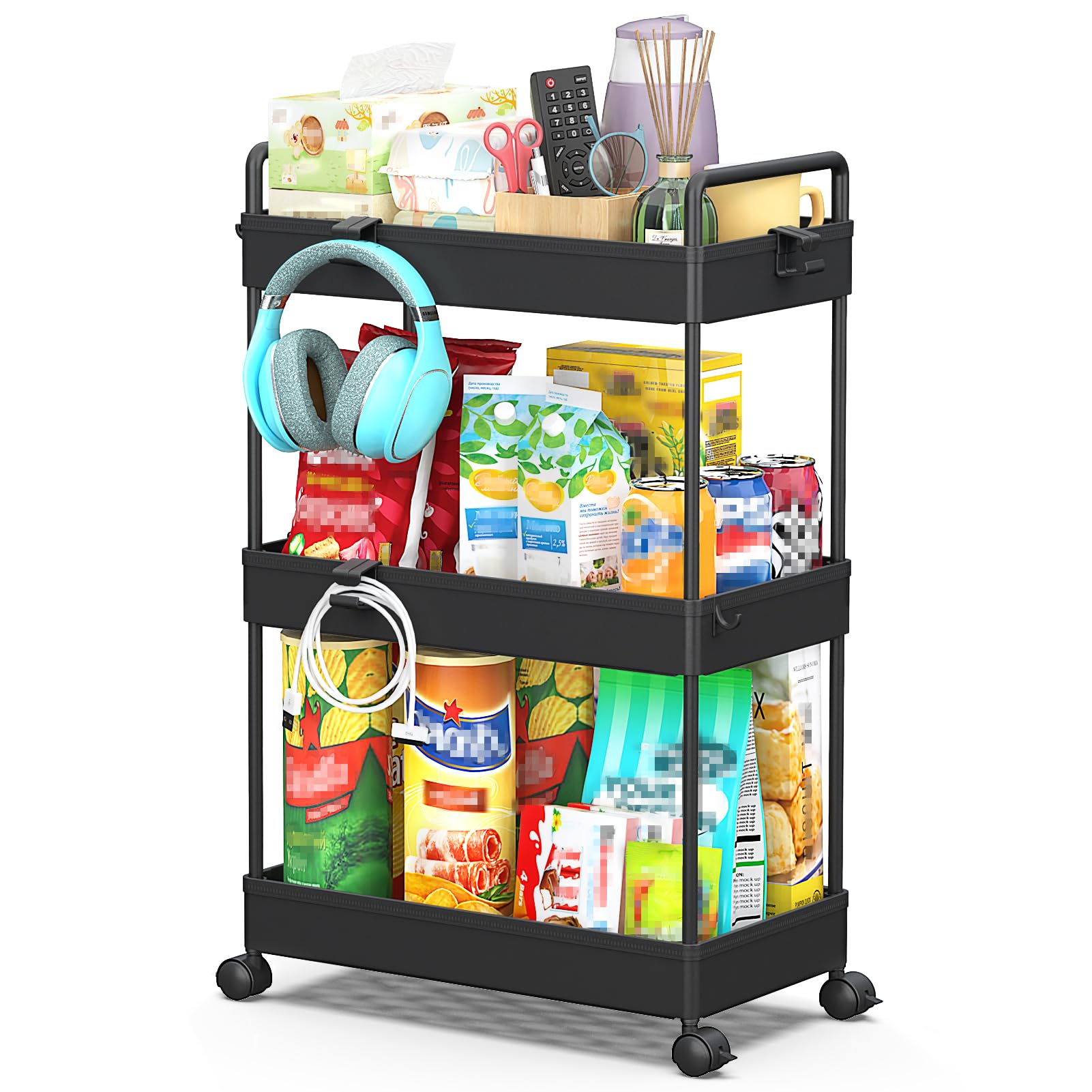 SOLEJAZZ Carro de Almacenamiento de 3 Niveles Carro de Utilidad Deslizante Organizador de estanterías de Almacenamiento móvil para Cocina, baño, lavandería, Lugares Estrechos, plástico, Negro