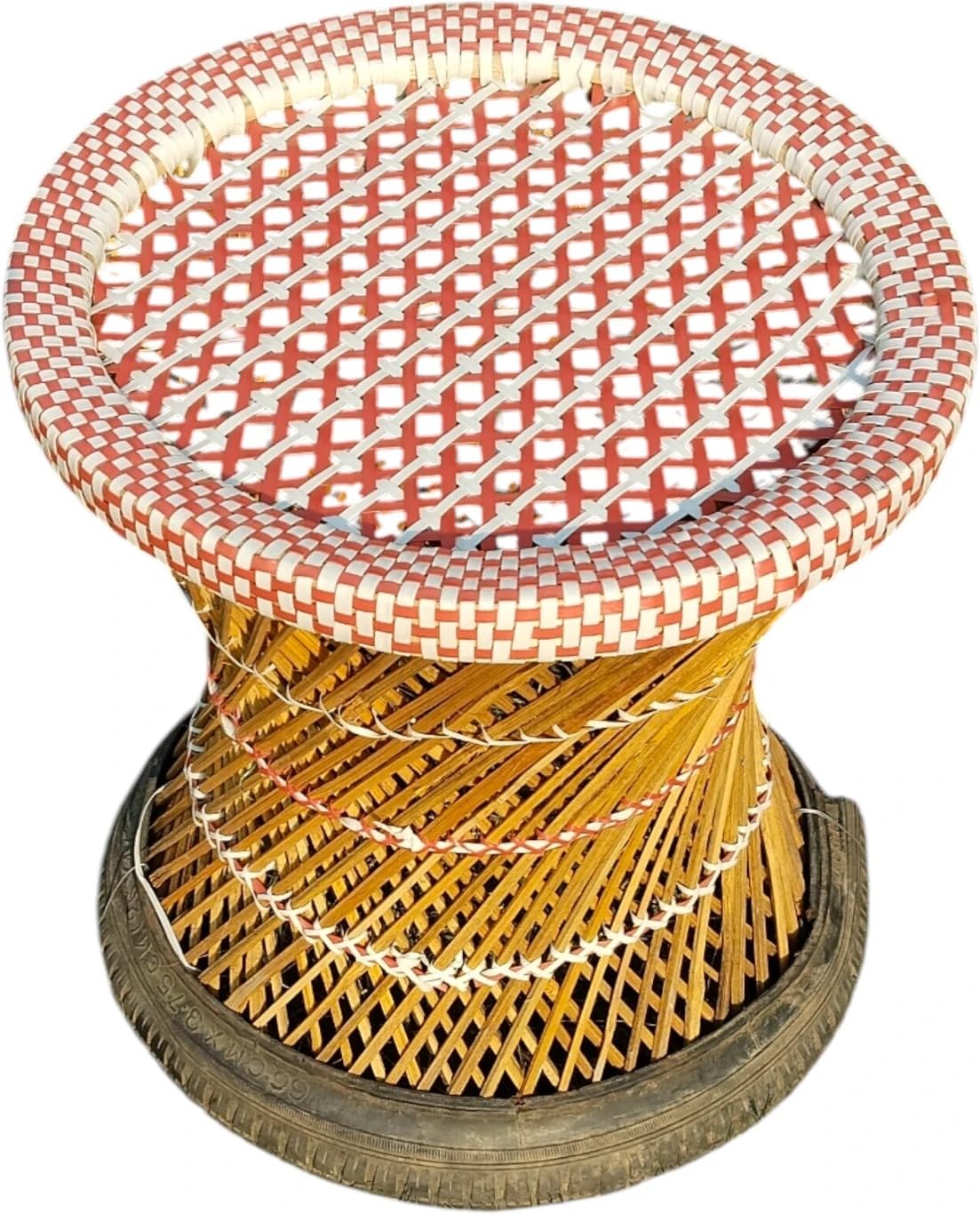 Handmade Bamboo Stool Traditional Assam Design, 18x11 Inch | 100% Natural Bamboo, Woven Lattice Top, Rubber Tyre Base, 45cm Height, Ethnic Handicraft-image-14