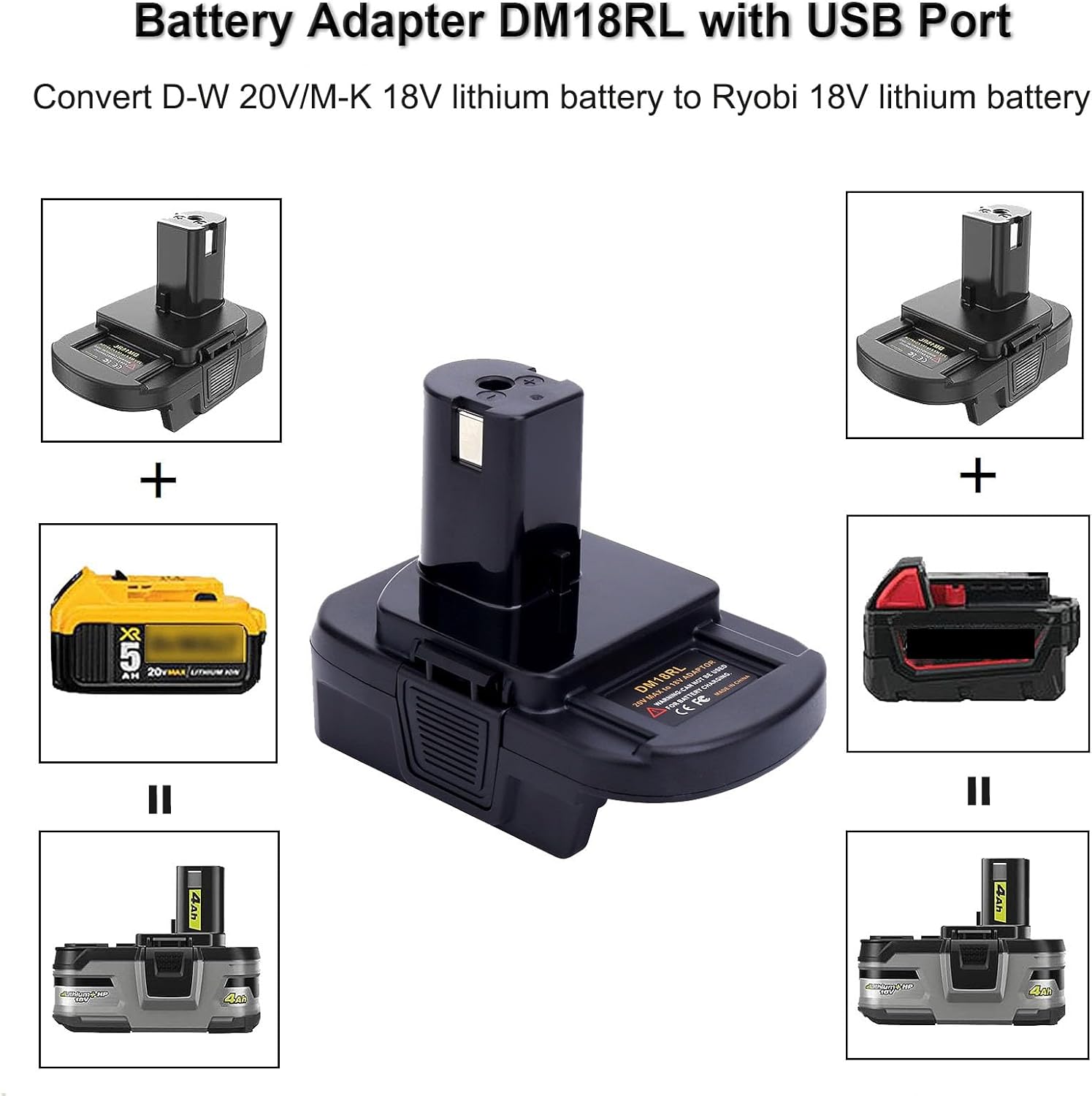 DM18RL Battery Adapter for De-Walt to Ryobi Battery&for Mil-K to ryobi,Convert De-Walt 20V/Mil-K 18V to Ryobi 18V One+ Lithium-ion Battery(Only Adapter) thumbnail