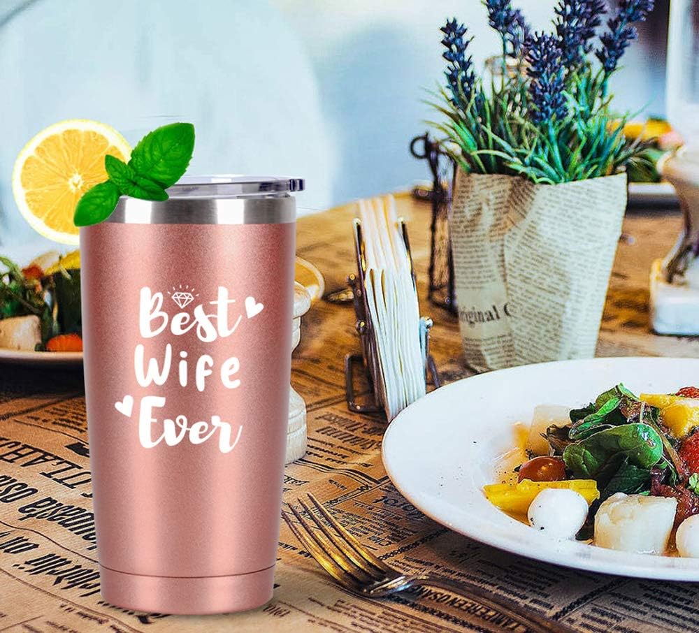 Exclusive Best Wife Ever Travel Tumbler, Valentine's Day Wedding Anniversay Birthday Gifts for Wife Women Her from Husband, 20 Oz Stainless Steel Travel Tumbler, Rose Gold