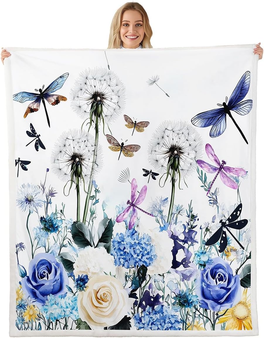 Dragonfly Gifts for Women,Dandelion Fleece Blanket Colorful Butterfly Dragonflies Blanket for Lady Girls,Flowers Throw Blanket Botanical Bed Blanket Rustic Aesthetic Animal Room Decor 50"x60"