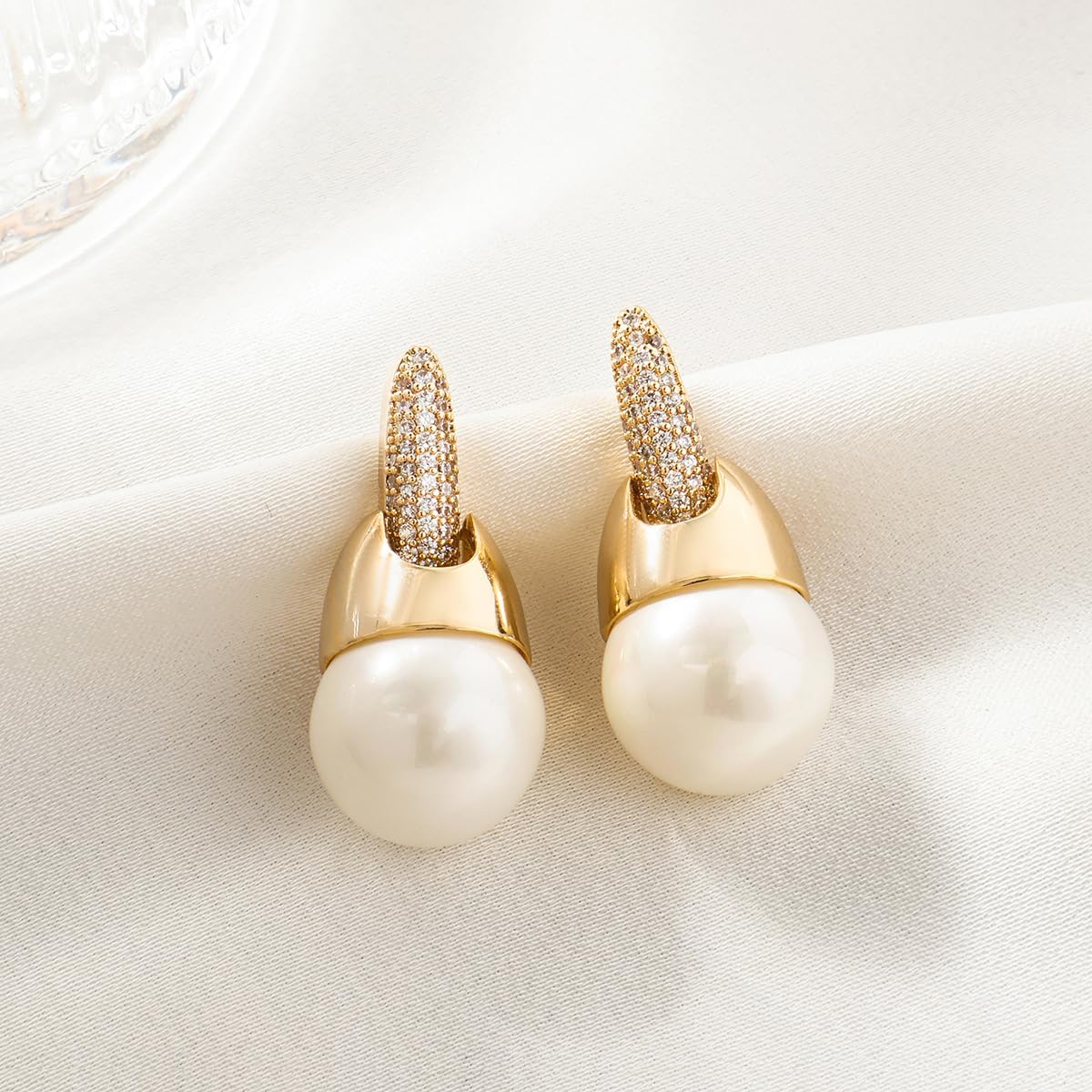 Shell Pearl Drop Earrings - 14K Pearl Dangle Earrings with Cubic Zirconia - Teardrop pearl Earrings for Women - Image 5