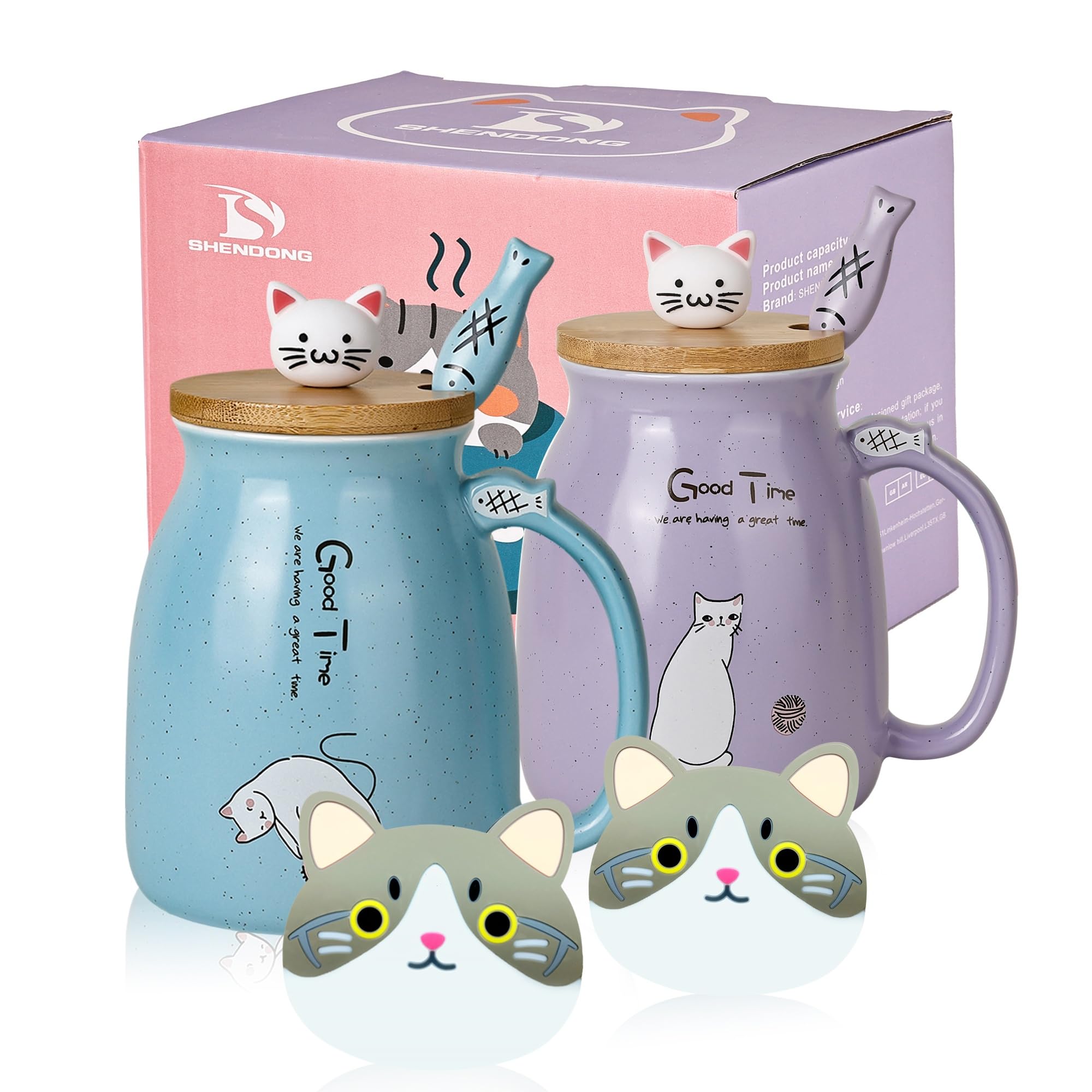 SHENDONG Paquete de 2 tazas de café de cerámica para gatos, juego de 2 tazas de café con tapa de bambú kawaii y cuchara, taza de café con leche, tazas de té de animales (Azul y morado)