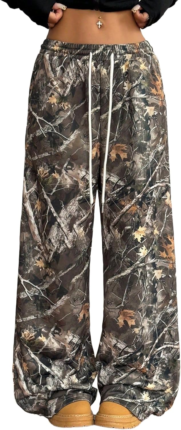 Women's Camouflage Leaf Print Pants Casual Elastic High Waist Sweatpants Camo Print Outdoor Bottoms