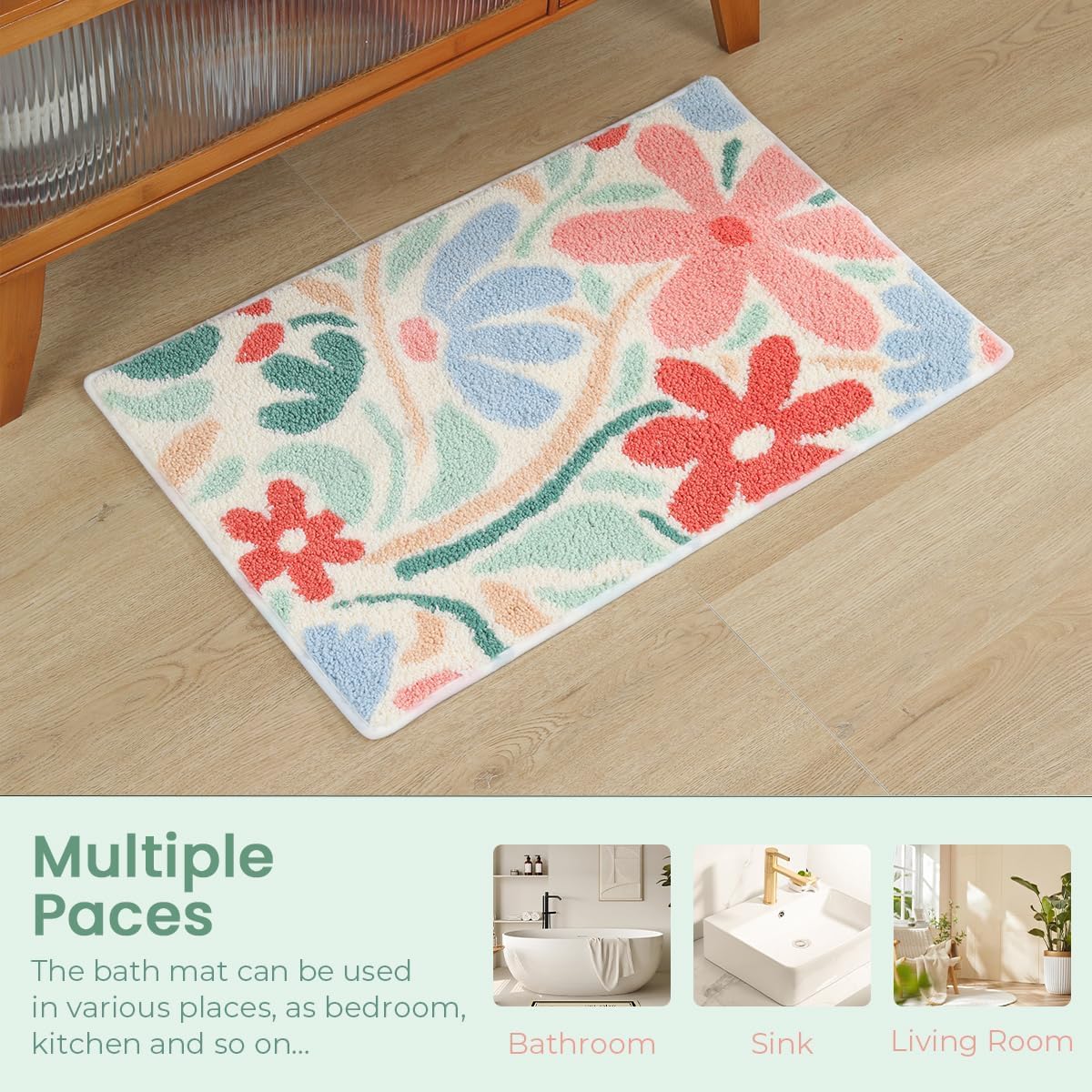 Floral Bathroom Mat Super Absorbent Non Slip Bath Tub Mat Machine Wash Non Slip Cozy Rug for Shower, Living Room and Balcony (31"x20", Pink Flower Bush)