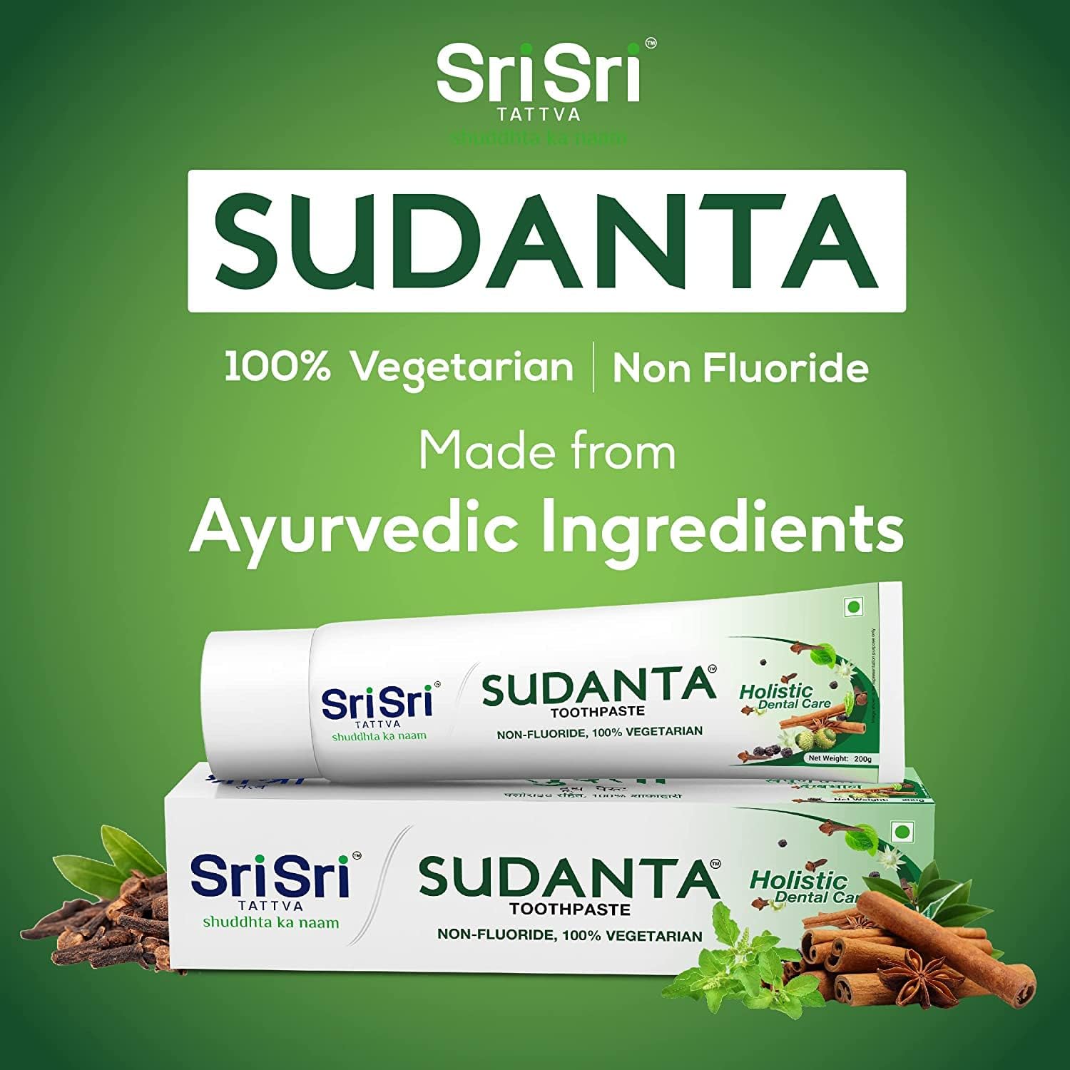 Sri Sri Tattva Sudanta Herbal Toothpaste - All Natural, Fluoride Free Tooth Paste with Cloves, Cinnamon, Bakul & More - 200g (Pack of 2), for Kids and Adults