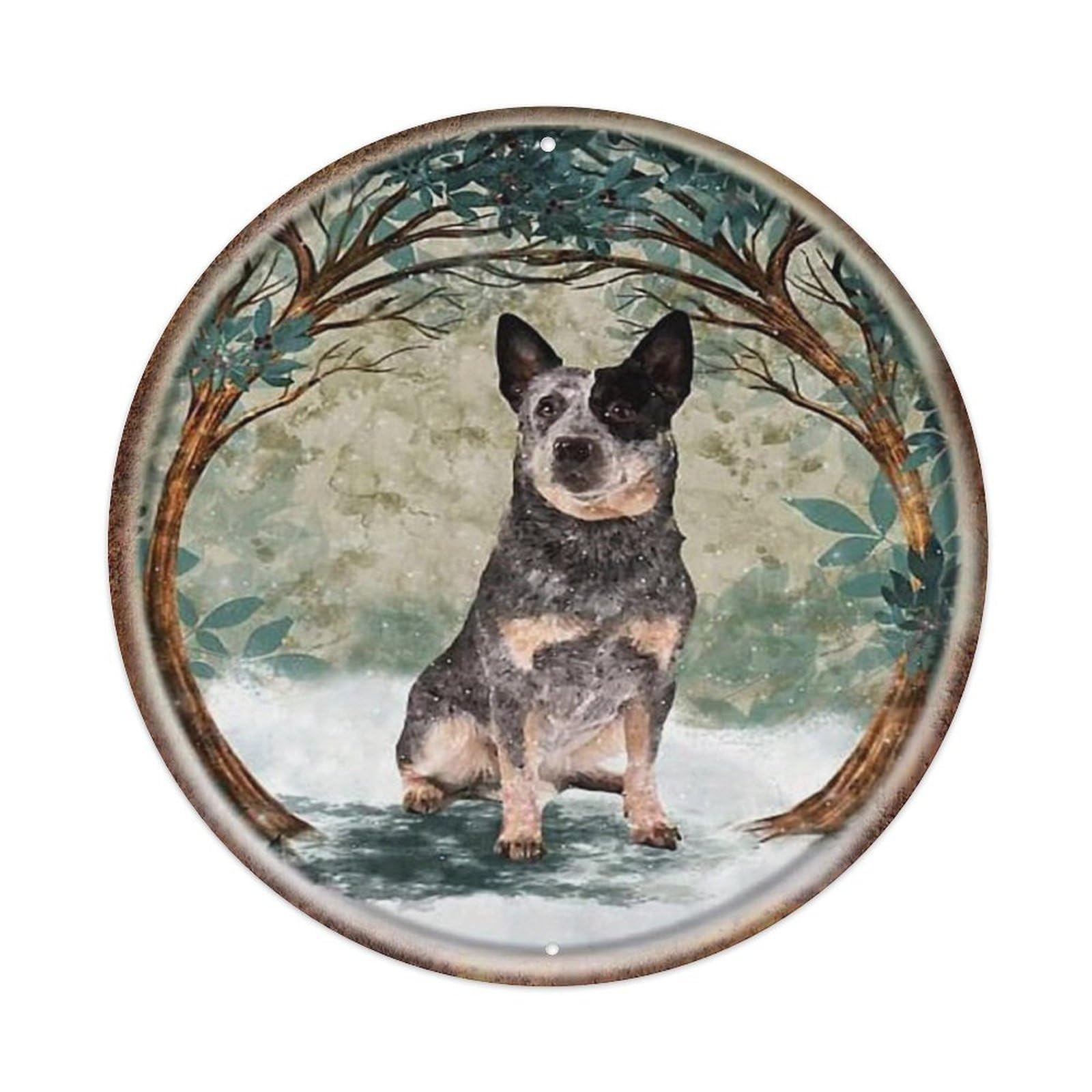 Dog In Forest Scene With Tree Round Metal Tin Sign Vintage Wall Decor, Bar Garage Cafe Kitchen Home Wall Art Poster 8x8inches