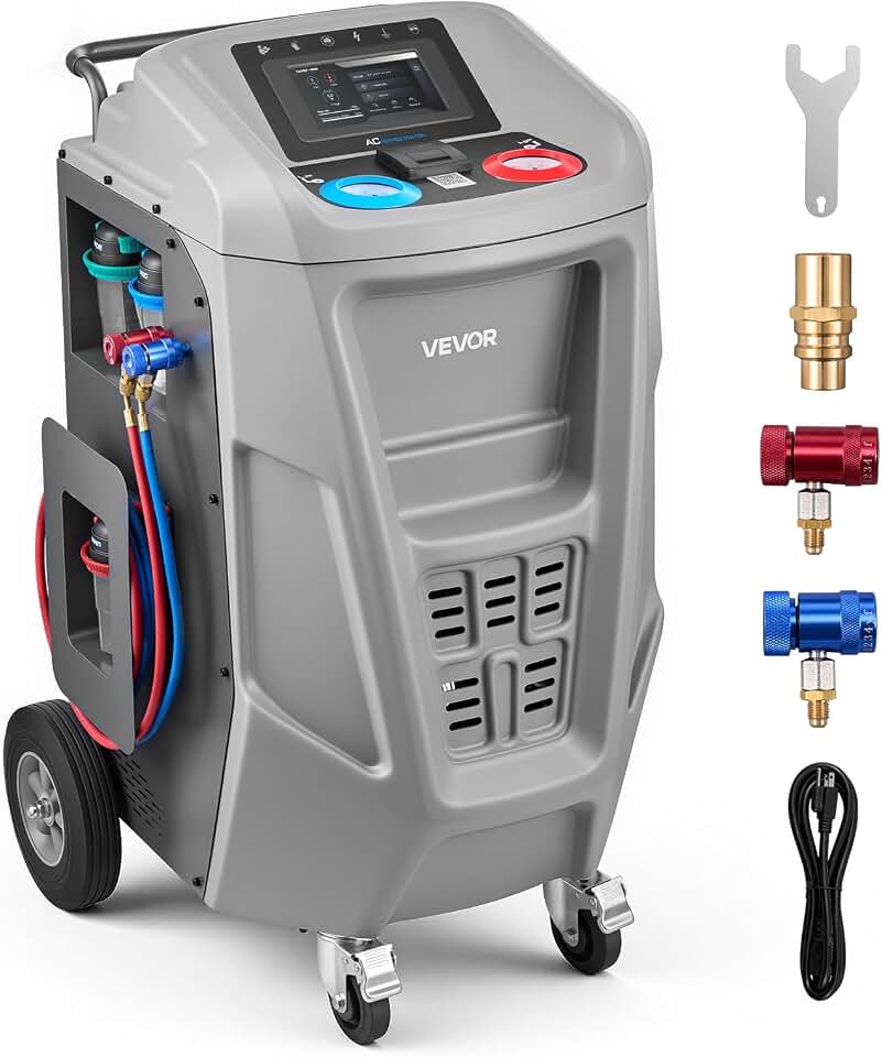 VEVOR Fully Automatic Refrigerant Recovery Machine for 1234yf, ≥98.5% Accuracy, 7-Inch Touch Screen, AC Recovery, Vacuum, and Recharging Machine for Standard and High Voltage Automotive A/C Systems