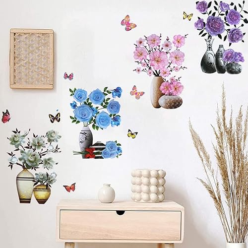 Miniatura 5 de Ofanyia Pegatinas de pared de jarrón de plantas de simulación, calcomanía de pared 3D extraíble para decoración de gabinete de refrigerador para el