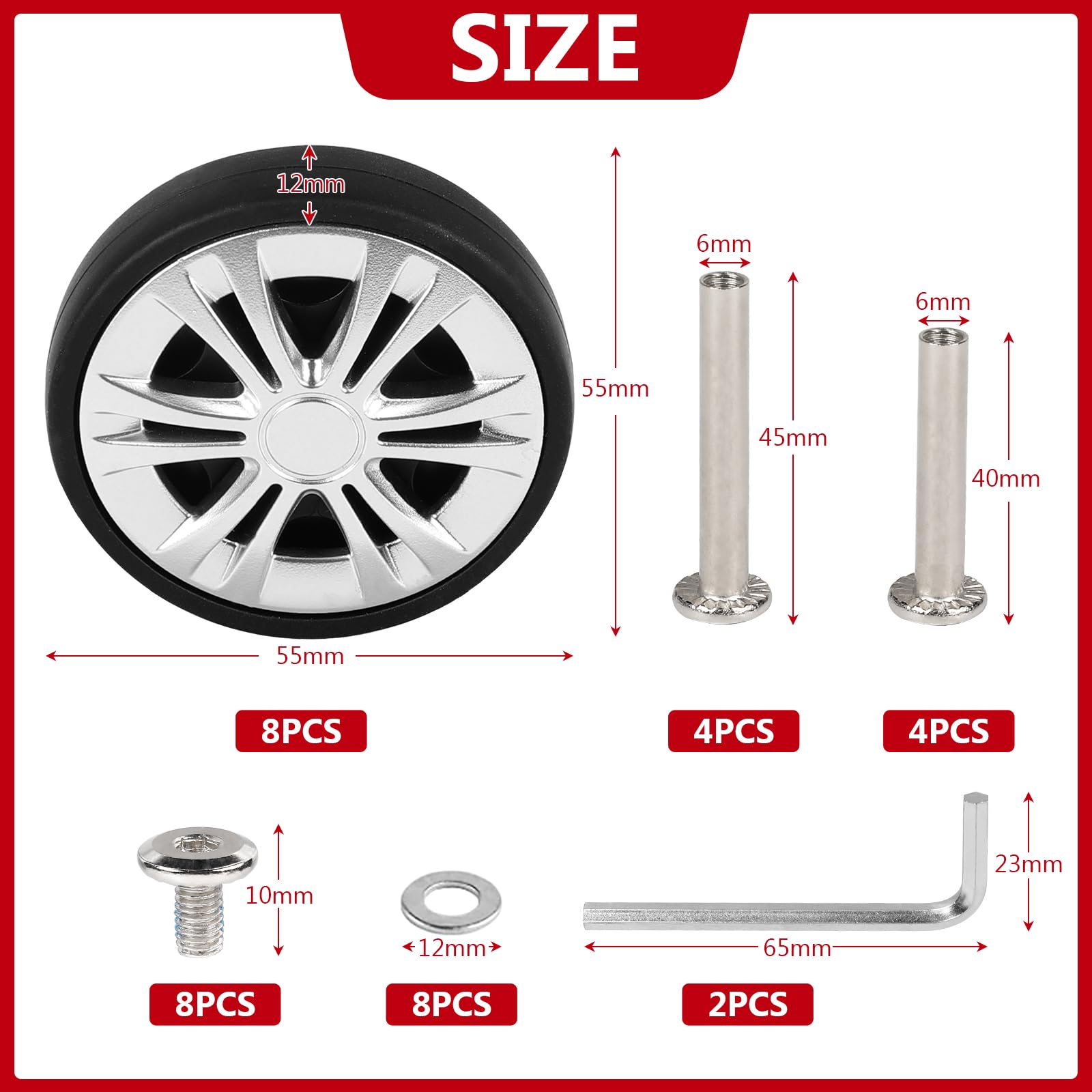 EXLECO 8 pcs Koffer Ersatzrollen 55mm x 12mm, Kofferrollen Ersatzrollen für Gepäck mit Doppelrollen, Koffer Rollen Ersatz Gepäck Räder, Gummi Ersatzräder mit Reparatur Kit, Gepäckkoffer Roller Silber