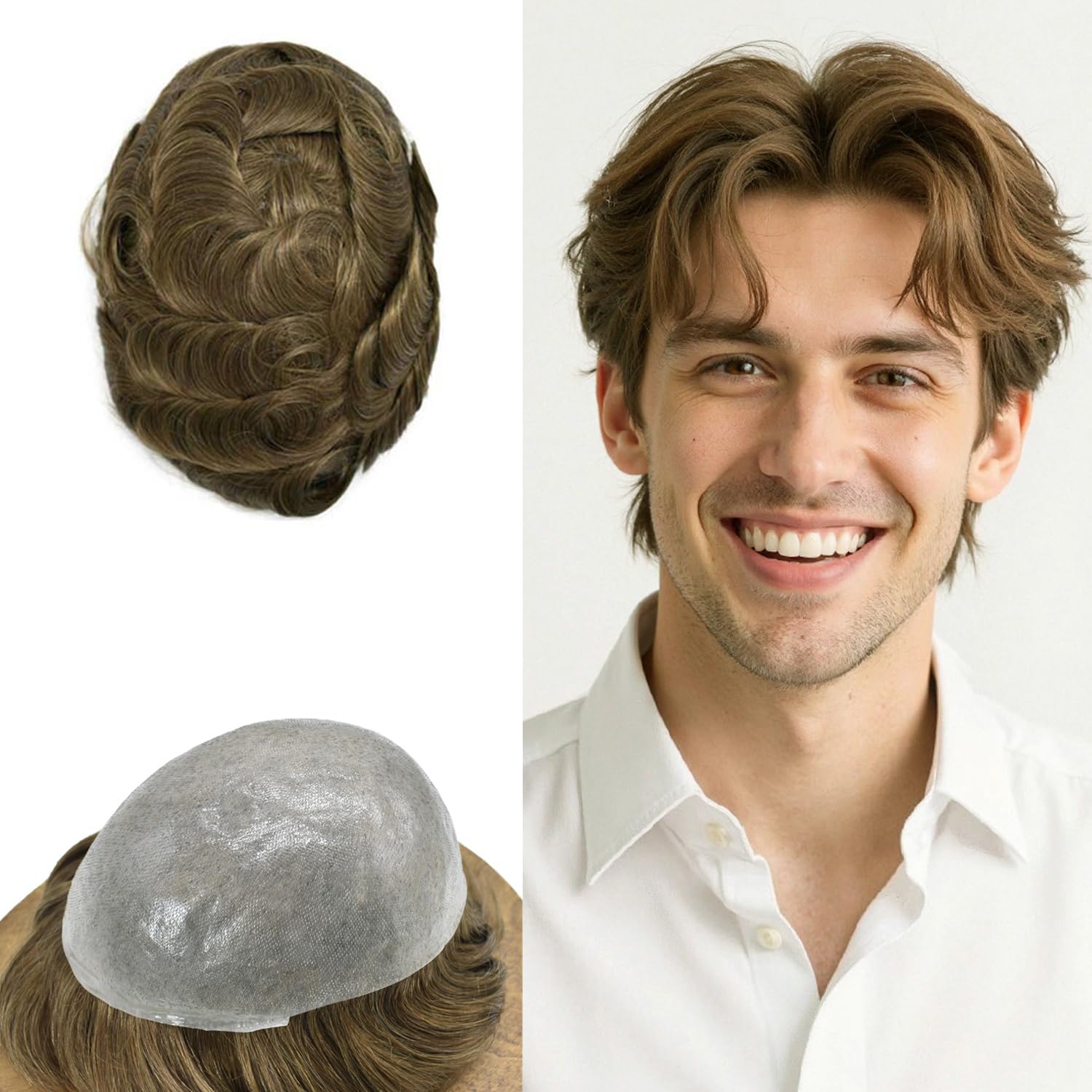 Toupee For Men Hair Replacement System Ultra Thin Skin Mens Toupee Human Hair Piece All V-looped 0.06mm PU Invisible Hairpiece For Men Short Wigs 7"x9"#6 Light Brown