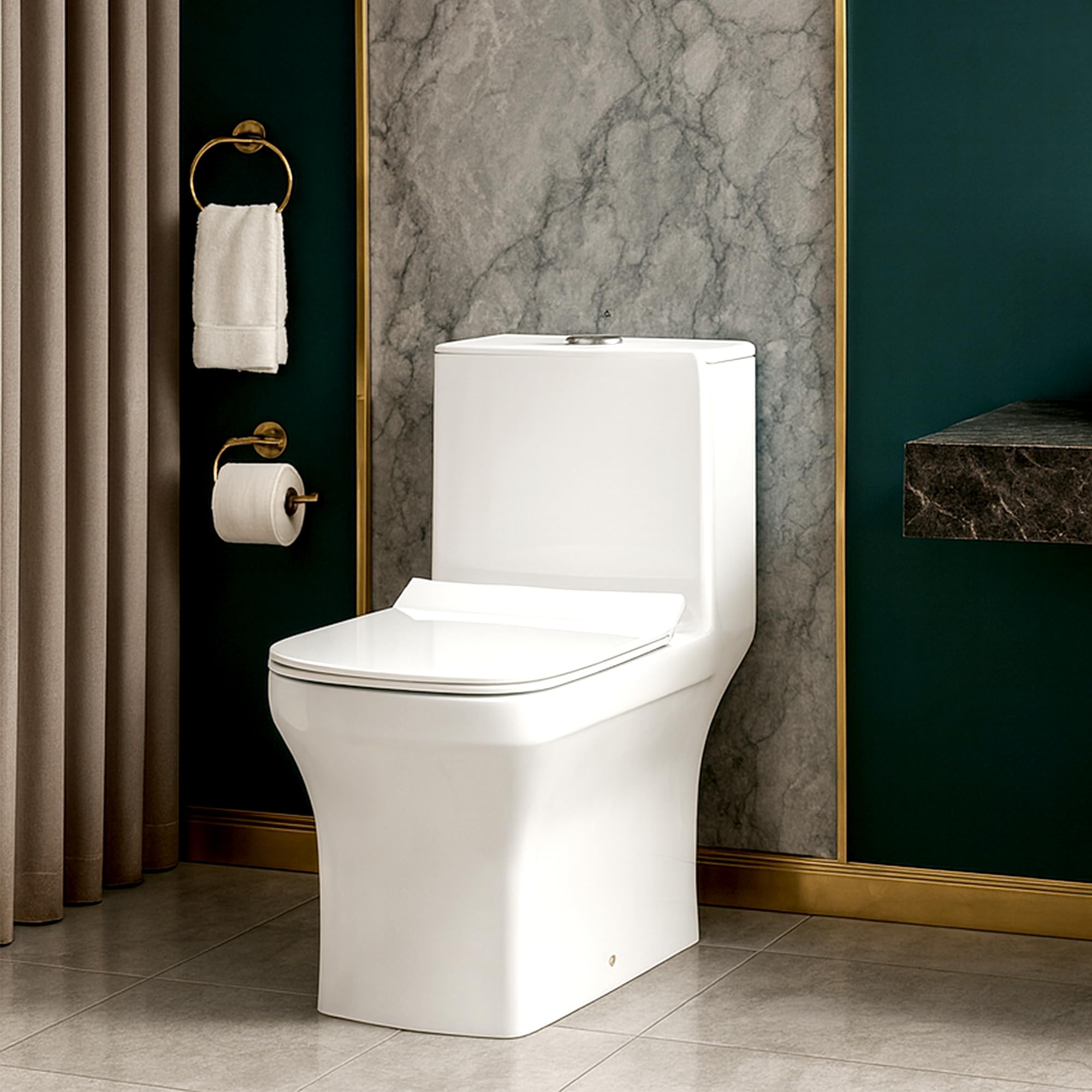 KrissKross Premium One Piece Ceramic Western Floor Mounted Western Toilet/Commode/European Commode Square With Soft Close Seat Cover For Toilets S-Trap Outlet Is From Floor- White Color