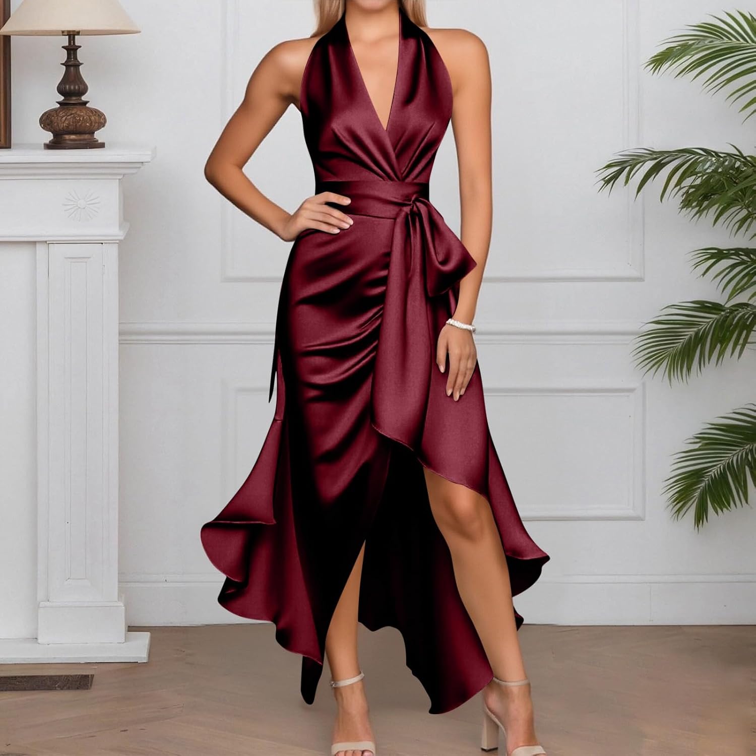 Elegant Evening Dresses for Women Halter V-Neck Aline Formal Gown High Waist Satin Sexy Slim Belt Bodycon Dress