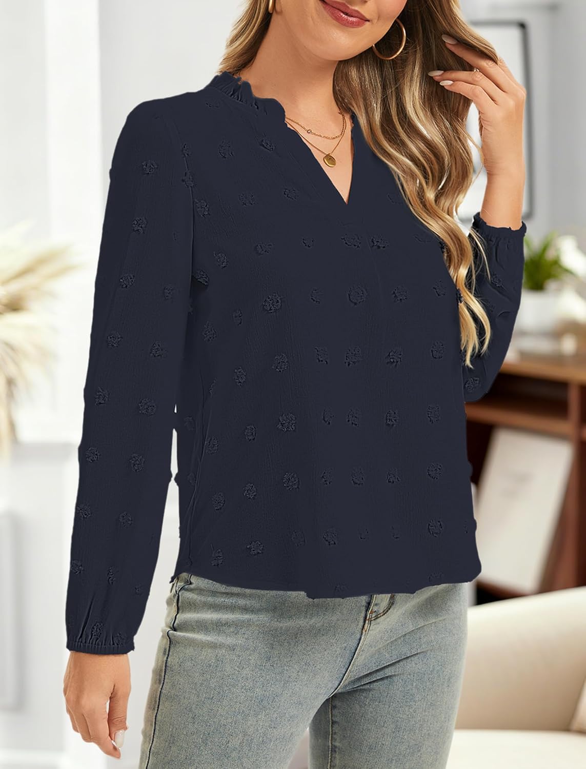 Womens Blouses Dressy Casual Long Sleeve Shirts V Neck Swiss Dot Business Work Tops 2026 Summer Tops S-XXL - Image 3