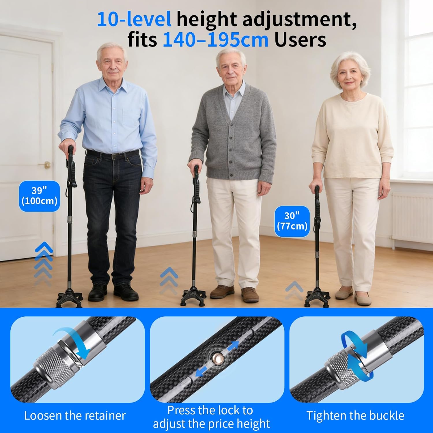 Carbon Fiber Stand Secure Cane, Secure Walking Quad Cane with Stand Assist Aid, Adjustable Walking Cane with 2 Base (Single/Quad), Mobility Aid Cane for Seniors Elderly Men Women