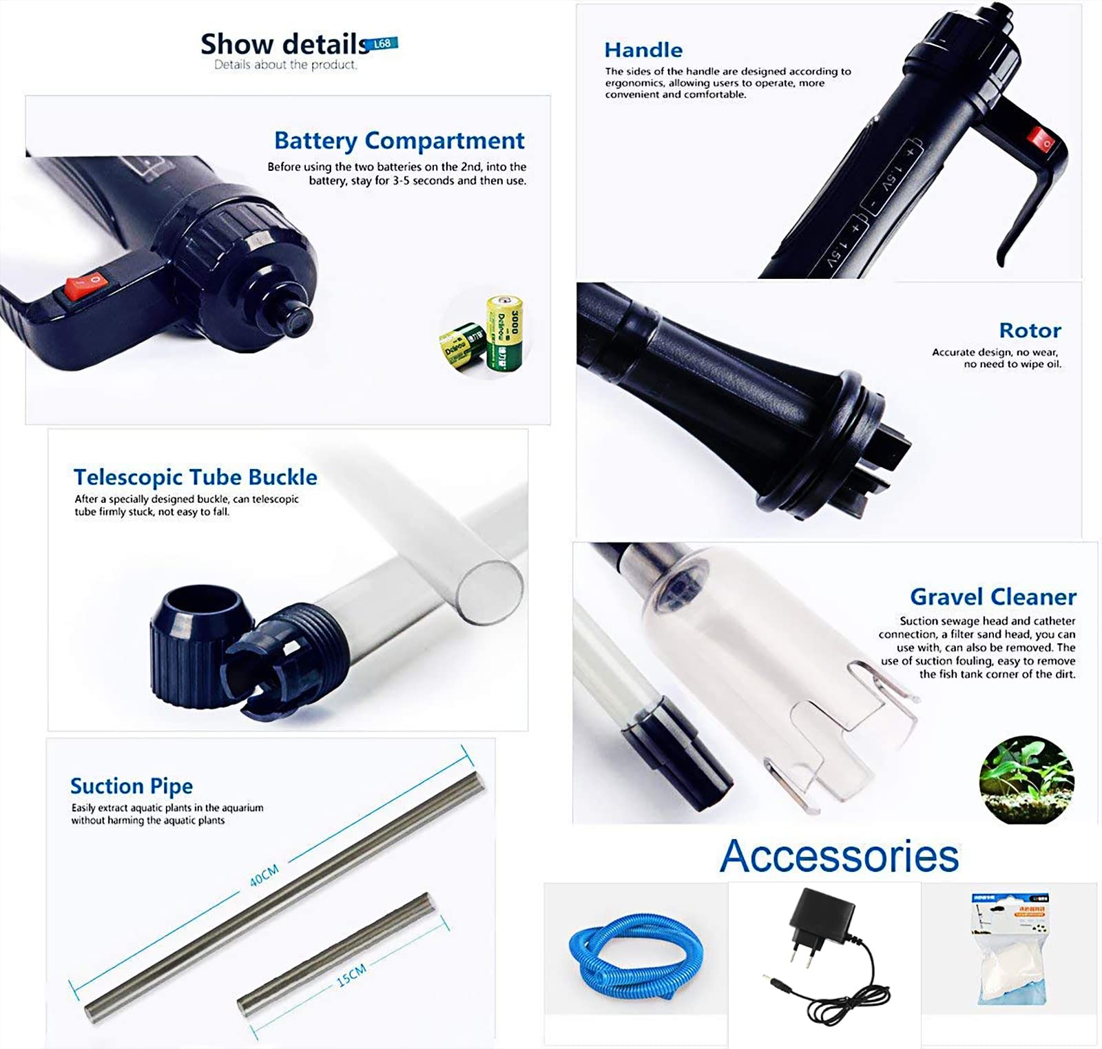 WANGCL Kit de nettoyage de gravier d'aquarium à batterie électrique automatique Filtre à vide Système de lavage de sable frais à siphon avec laveur de sable frais adapté avec adaptateur