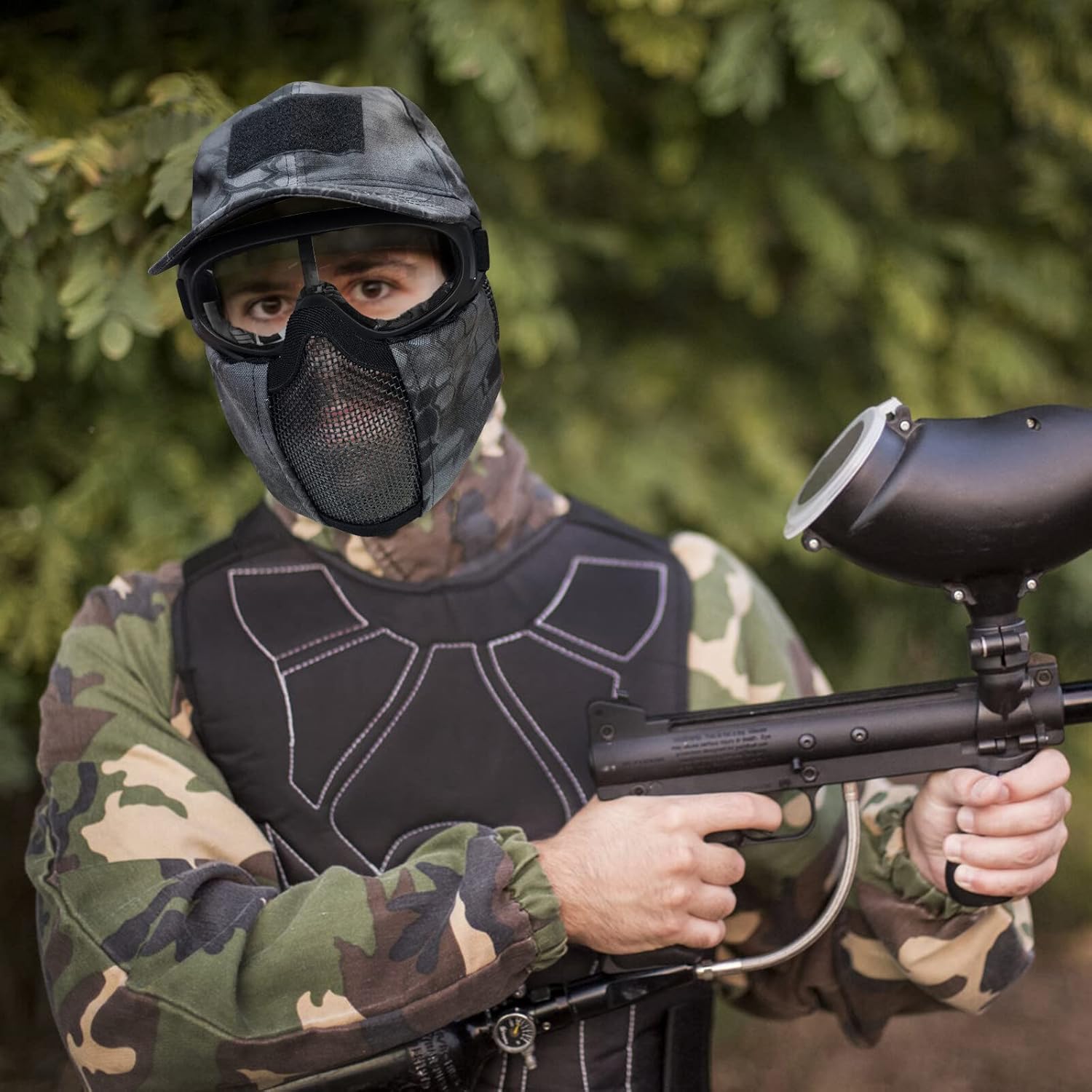 Airsoft Mask with Goggles, Foldable Half Face Airsoft Mesh Mask with Ear Protection for Paintball Shooting Cosplay CS Game