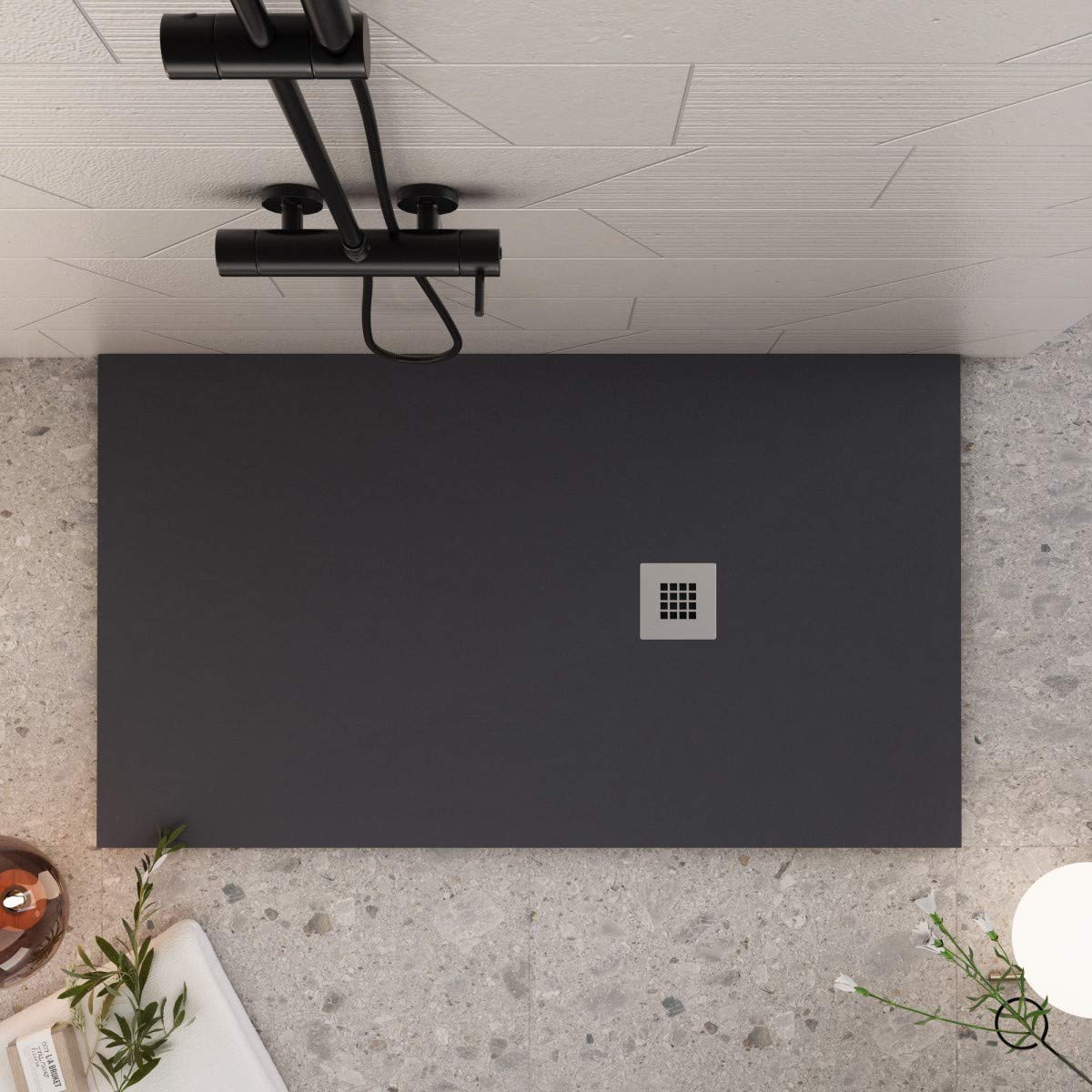 Luminosa ArredoBagno Piatto Doccia Marmoresina 70x140 - Effetto Pietra Antiscivolo con GELCOAT - Modello MARMOTEK Colore Nero - Griglia in Acciaio e piletta Incluse
