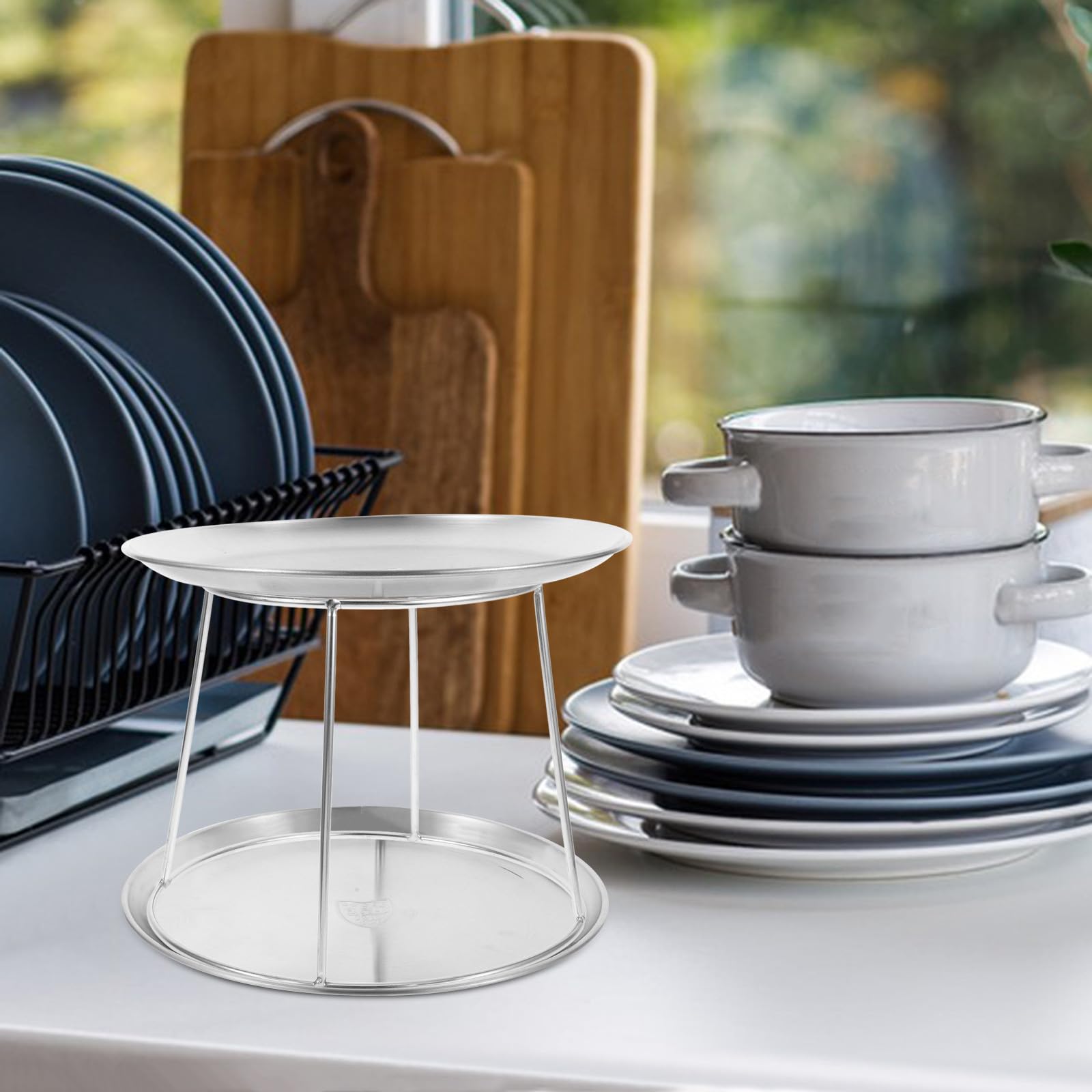 Juego de 3 platos de acero inoxidable de doble capa, soportes de exhibición de mariscos y bandeja de alimentos para restaurante buffet, equipo comercial de servicio de 17 a 23 cm