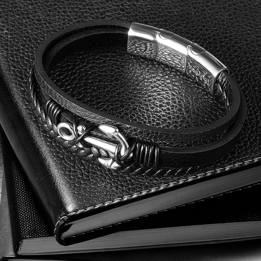 Men's Anchor Leather Bracelet Stainless Steel Anchor Design with Braided Leather Wristband Stylish Gift for Son Boyfriends Husband - Unique Braided Leather Bracelet gift for Men - Image 3